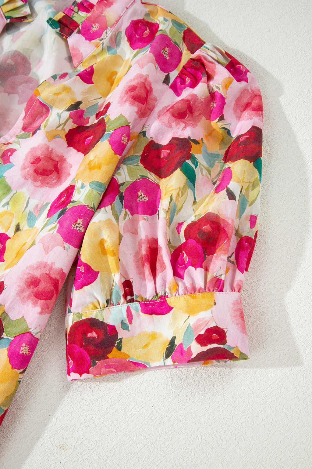 Pink Floral Frilled V Neck Puff Sleeve Blouse