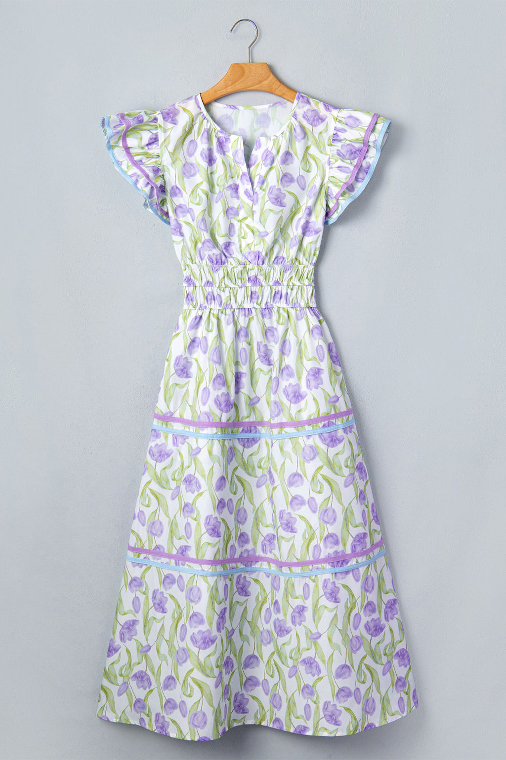 Purple Tulip Floral Print Contrast Trim Flutter Sleeve Midi Dress