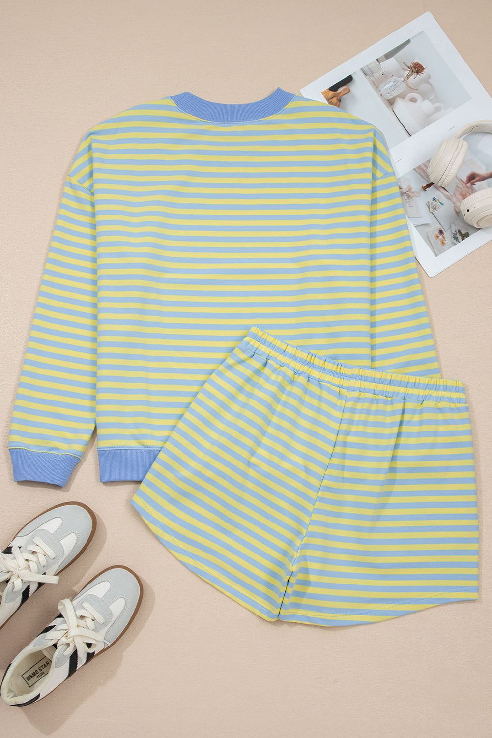 Stripe Colour Block Long Sleeve Pullover & Shorts Set | Pink, Yellow & Green Stripe