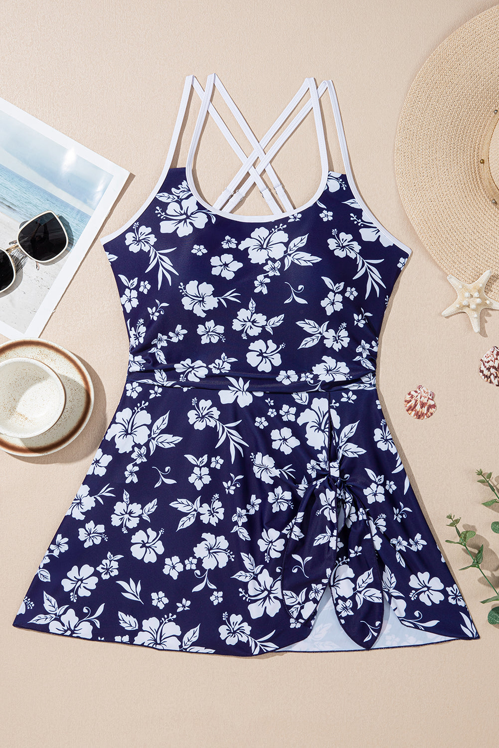 Women's Women Floral Print Crossed Back Knot Side One Piece Swimsuit Blue Navy S-XL at LivelyLooks