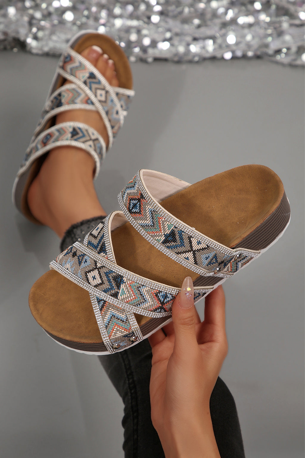 Shop Black Rhinestone Strappy Platform Sandals | Tribal Geometric Flatform at LivelyLooks