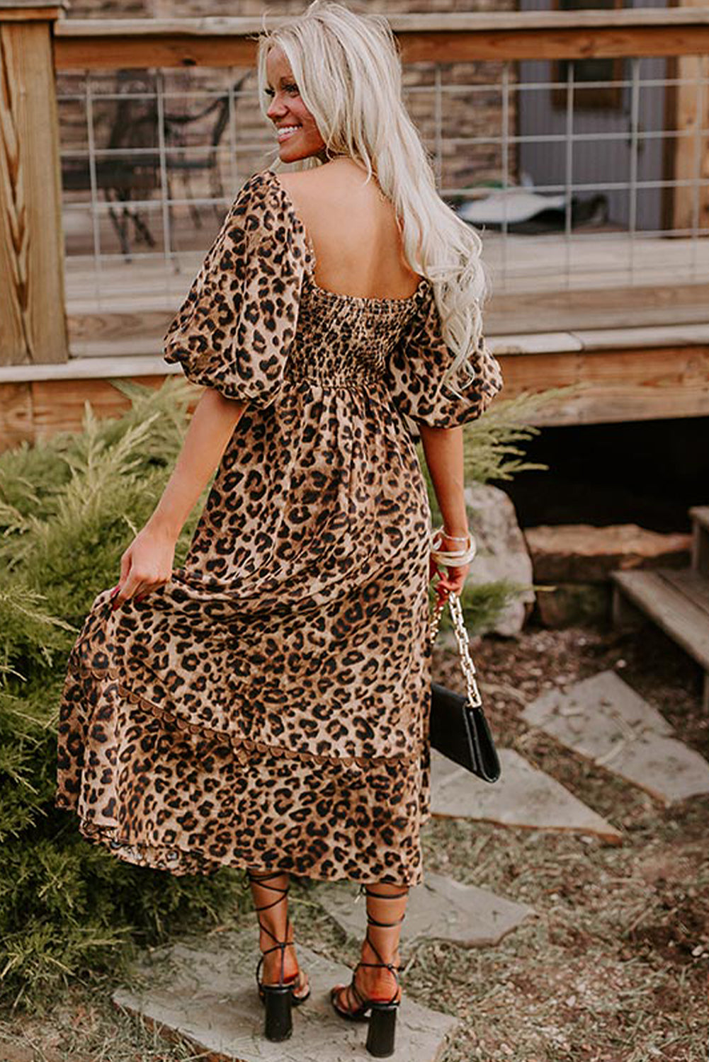 Women's Brown Leopard Print Bubble Sleeve Square Neck Maxi Dress at LivelyLooks