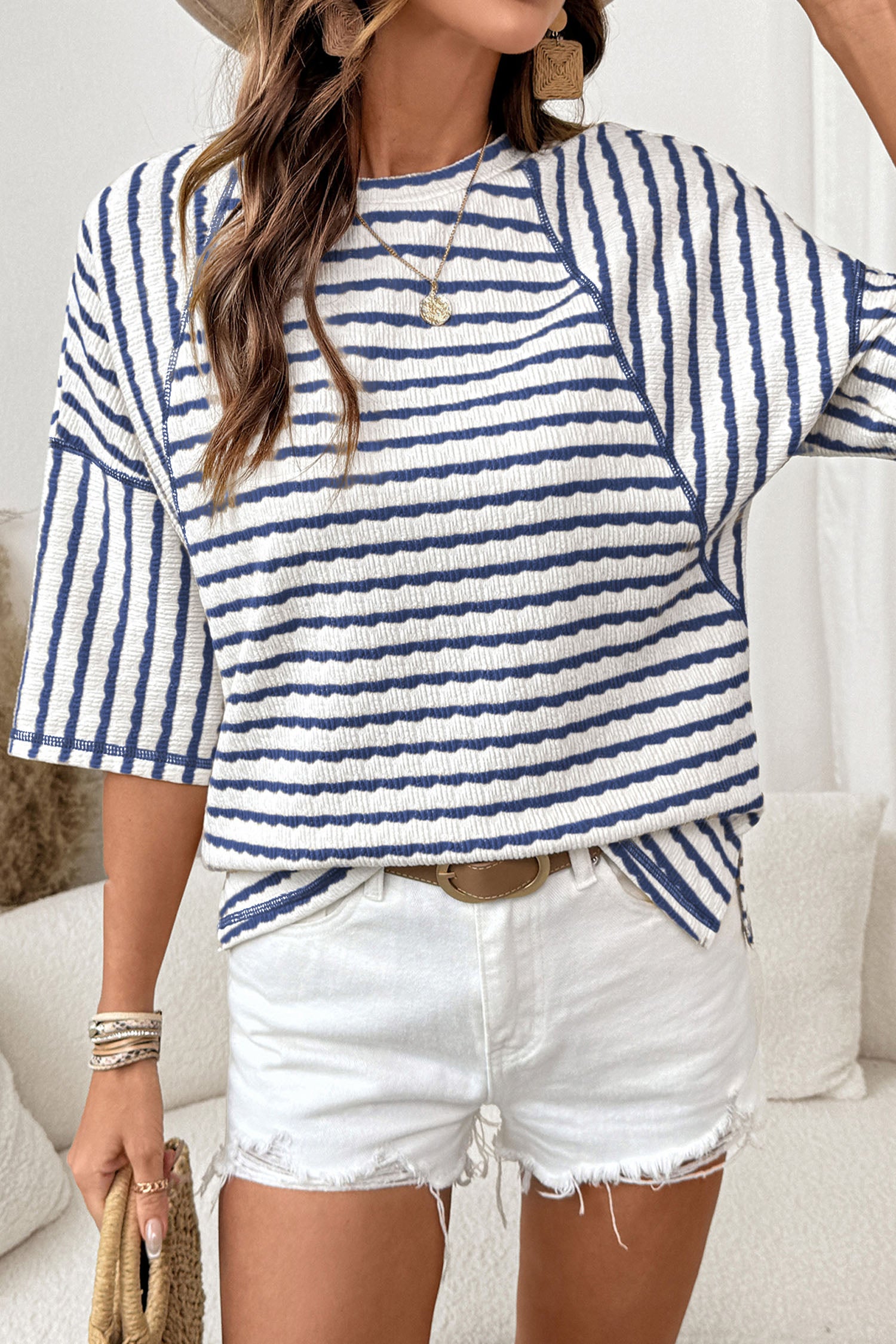 LivelyLooks Brown Stripe Textured Knit Split Hem Half Sleeve Loose Top women's fashion