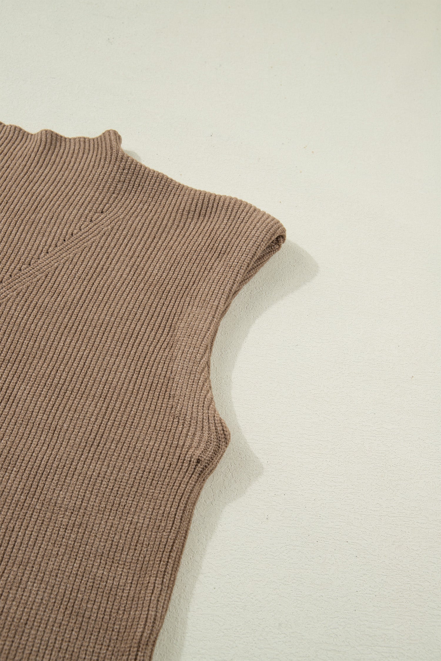 Women's Light French Beige Solid Color Ribbed Knit Mock Neck Loose Sleeveless Sweater at LivelyLooks