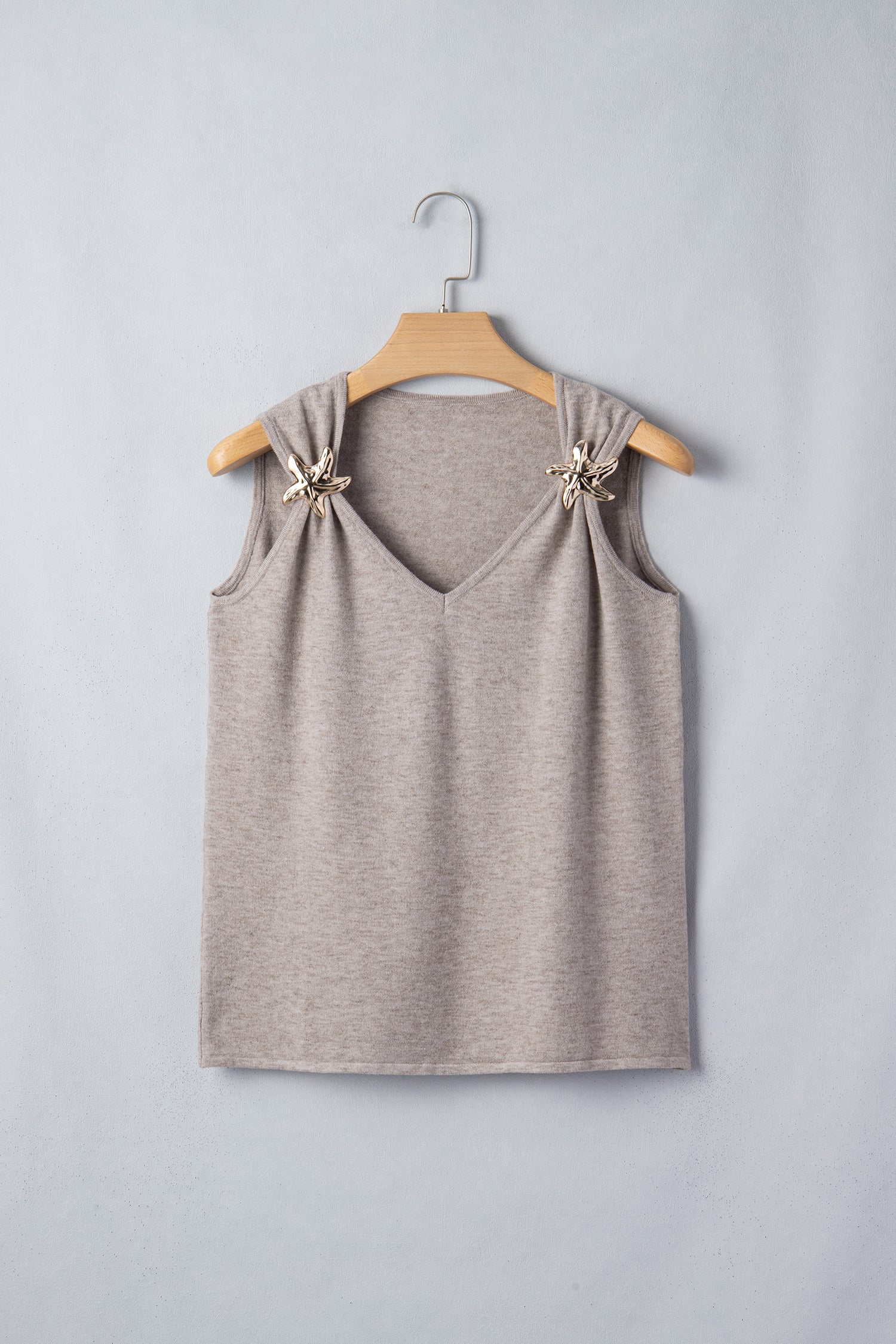 Women's Gray Morn Metal Star Detail V Neck Sweater Knit Tank Top at LivelyLooks