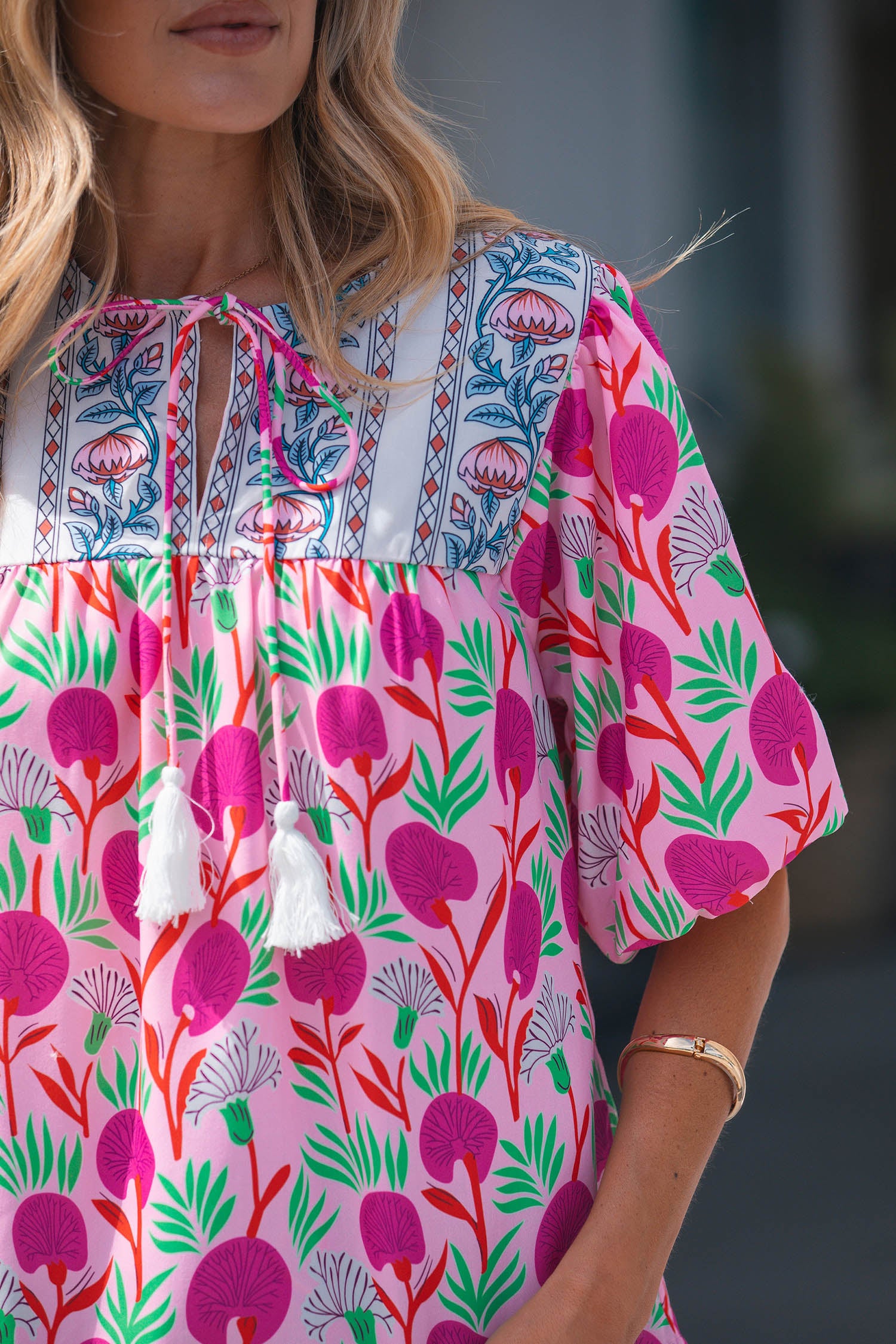 Shop Pink Floral Print Short Sleeve Contrast Patchwork Tassel Tie Blouse at LivelyLooks