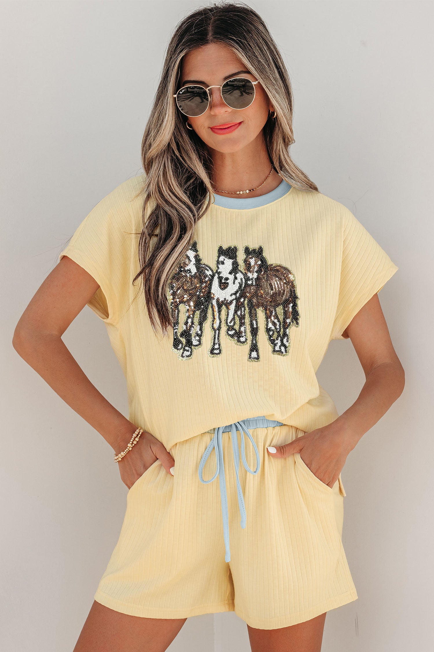 Yellow Ribbed Knit Sequin Horse Patch Short Set | Sizes 8-26