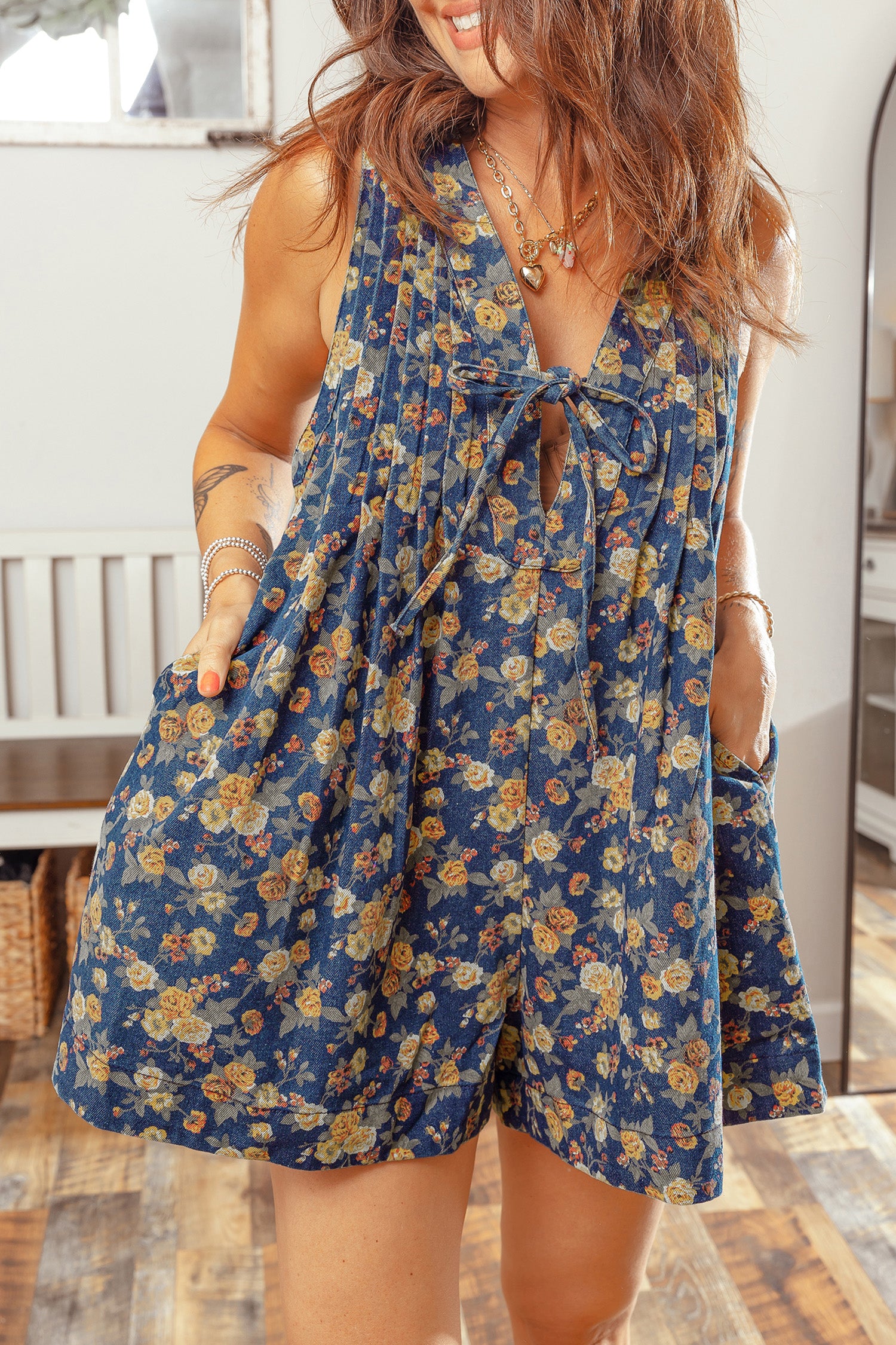 Shop Blue Retro Floral Print Bow Tie V-Neck Pleated Denim Romper at LivelyLooks