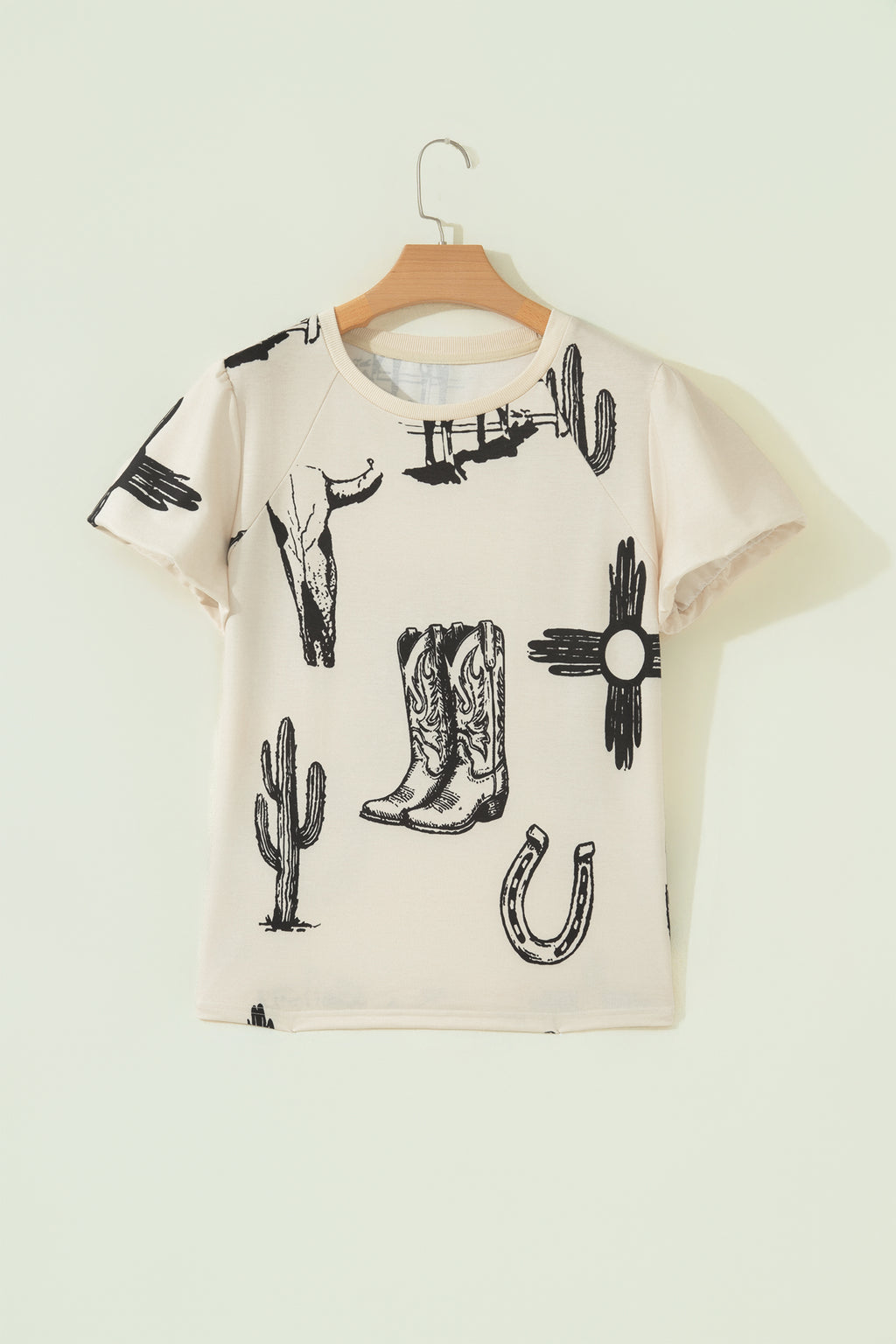 Beige Retro Western Print T-Shirt Cowboy Boots Cactus Short Sleeve Women S-XL