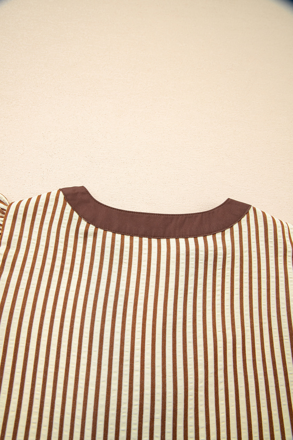 Stripe Double Ruffle Sleeve V-Neck Midi Dress | Green, Brown & Black