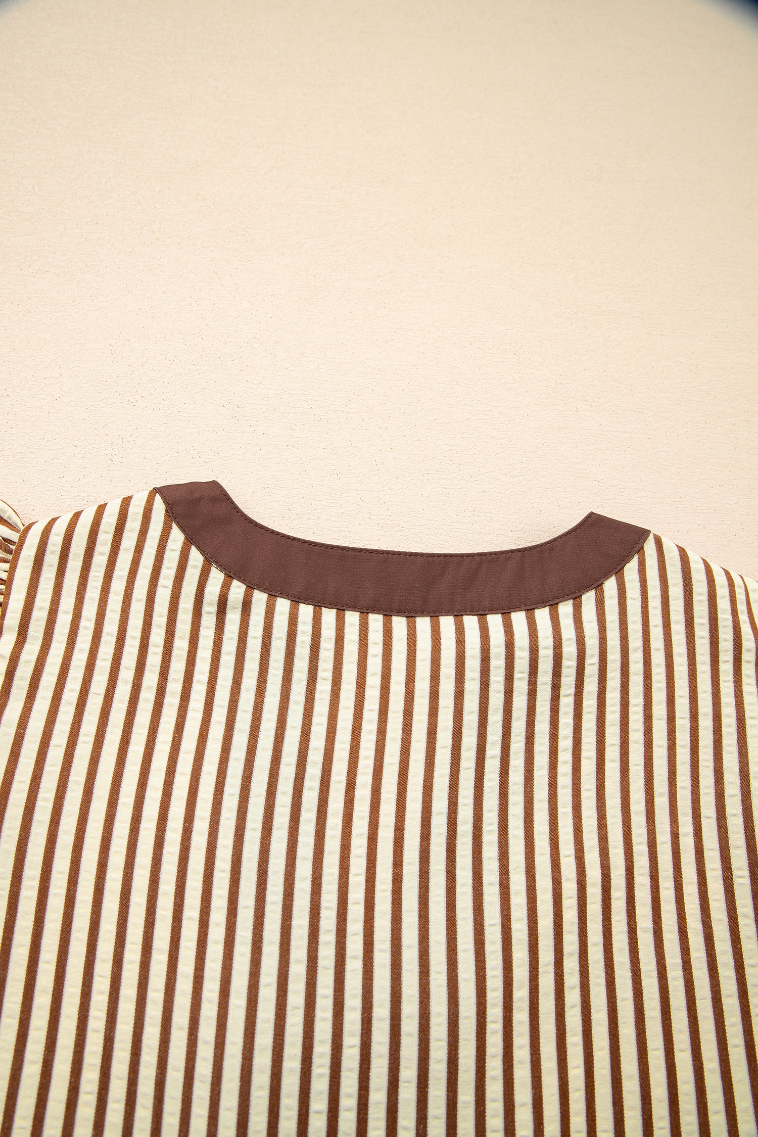 Stripe Double Ruffle Sleeve V-Neck Midi Dress | Green, Brown & Black