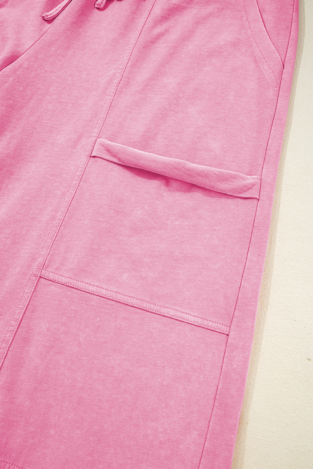 Women's Pink Mineral Wash Exposed Seam Drawstring Elastic Waistband Wide Leg Cargo Trousers at LivelyLooks