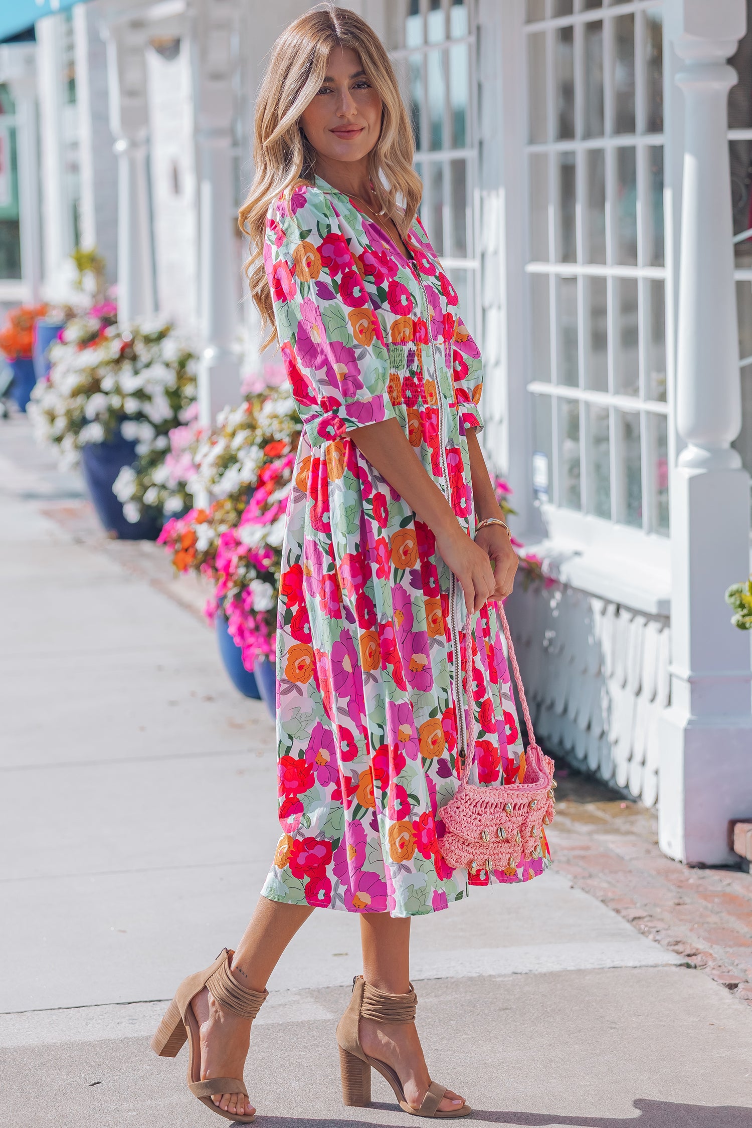 Rose Floral Print Zip Front Shirred Waist Flared Half Sleeve Midi Dress S-XL