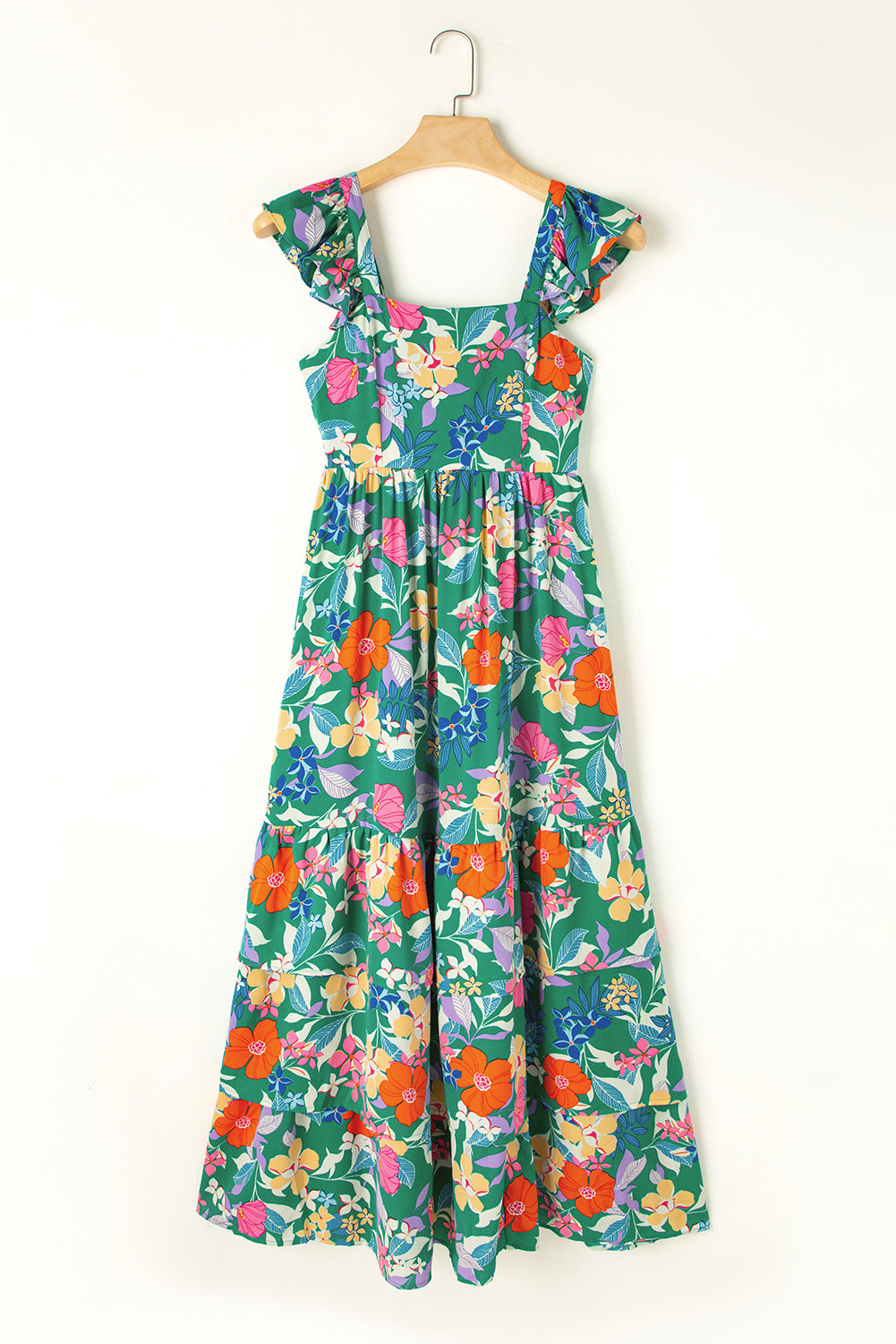 Women's Green Floral Print Sleeveless Ruffle Tiered Maxi Dress at LivelyLooks