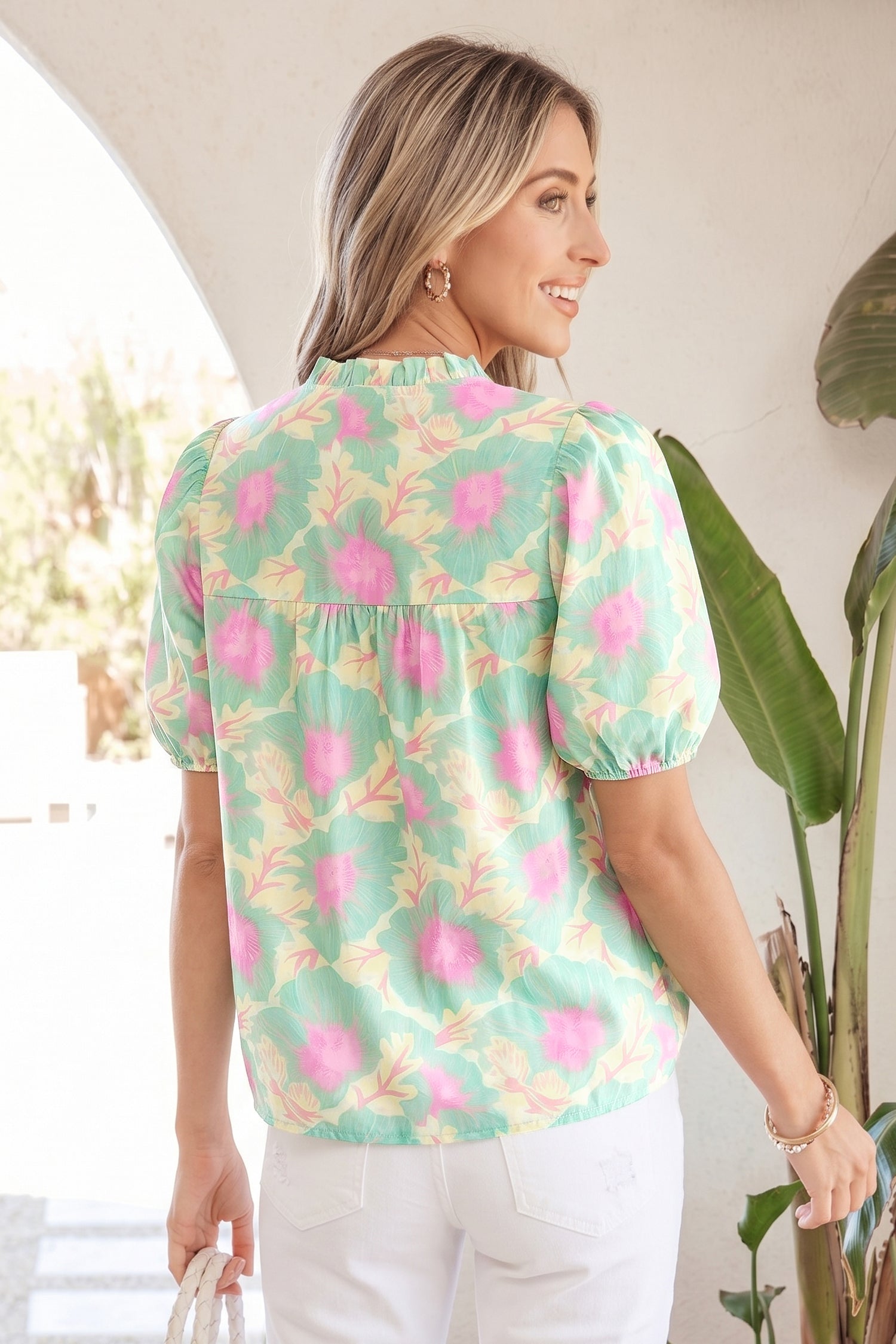 Women's Yellow Short Bubble Sleeve Summer Floral Blouse at LivelyLooks