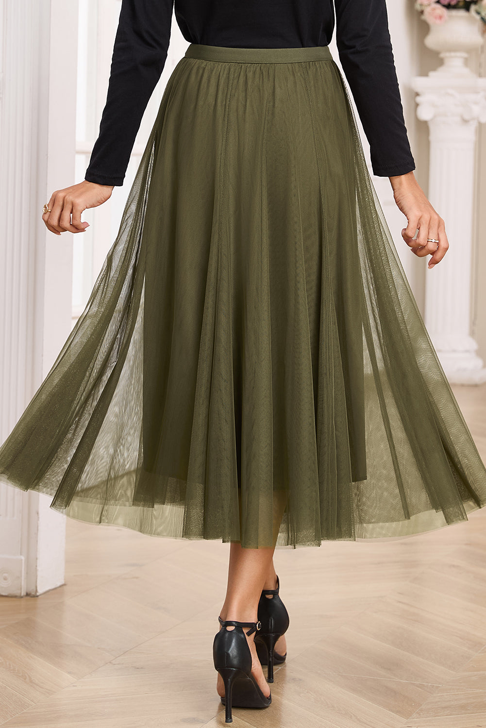 Women's Women's Tulle Flared Midi Skirt Layered Mesh Overlay Green Beige S-XL at LivelyLooks