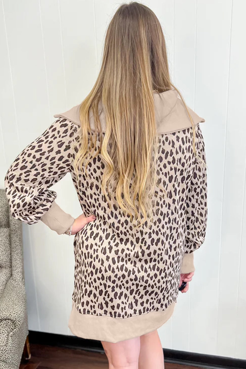 Women's Khaki Leopard Print Zip up Collar Patchwork Shift Mini Dress at LivelyLooks