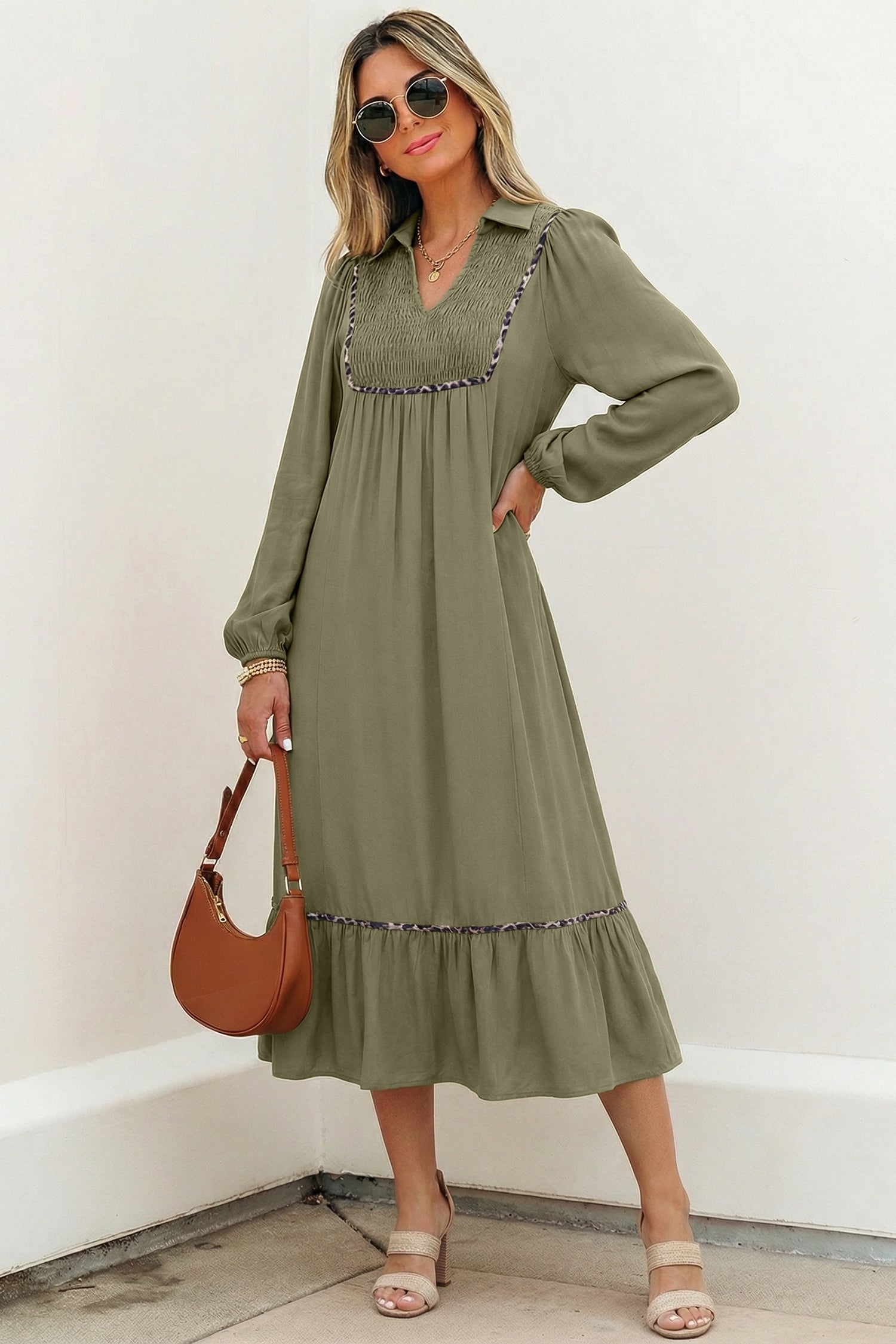 Women's Black Collared V Neck Smocked Detail Contrast Leopard Trim Bracelet Sleeve Long Dress at LivelyLooks
