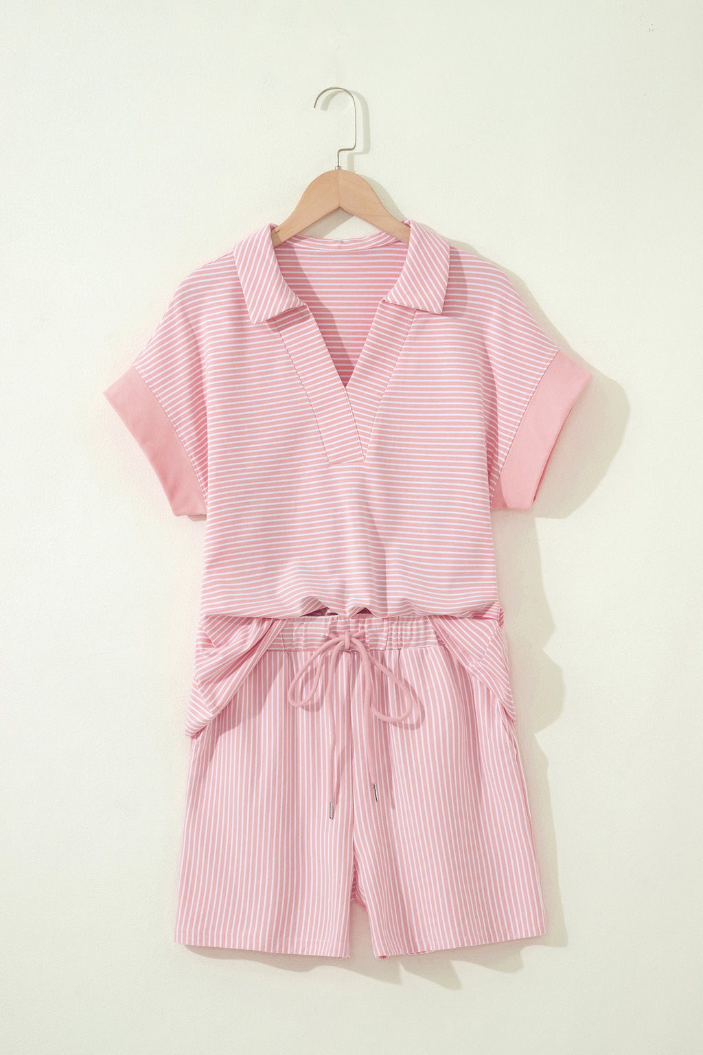 Stripe Dolman Sleeve Polo Shirt and Drawstring Shorts Set Two Piece Co-ord