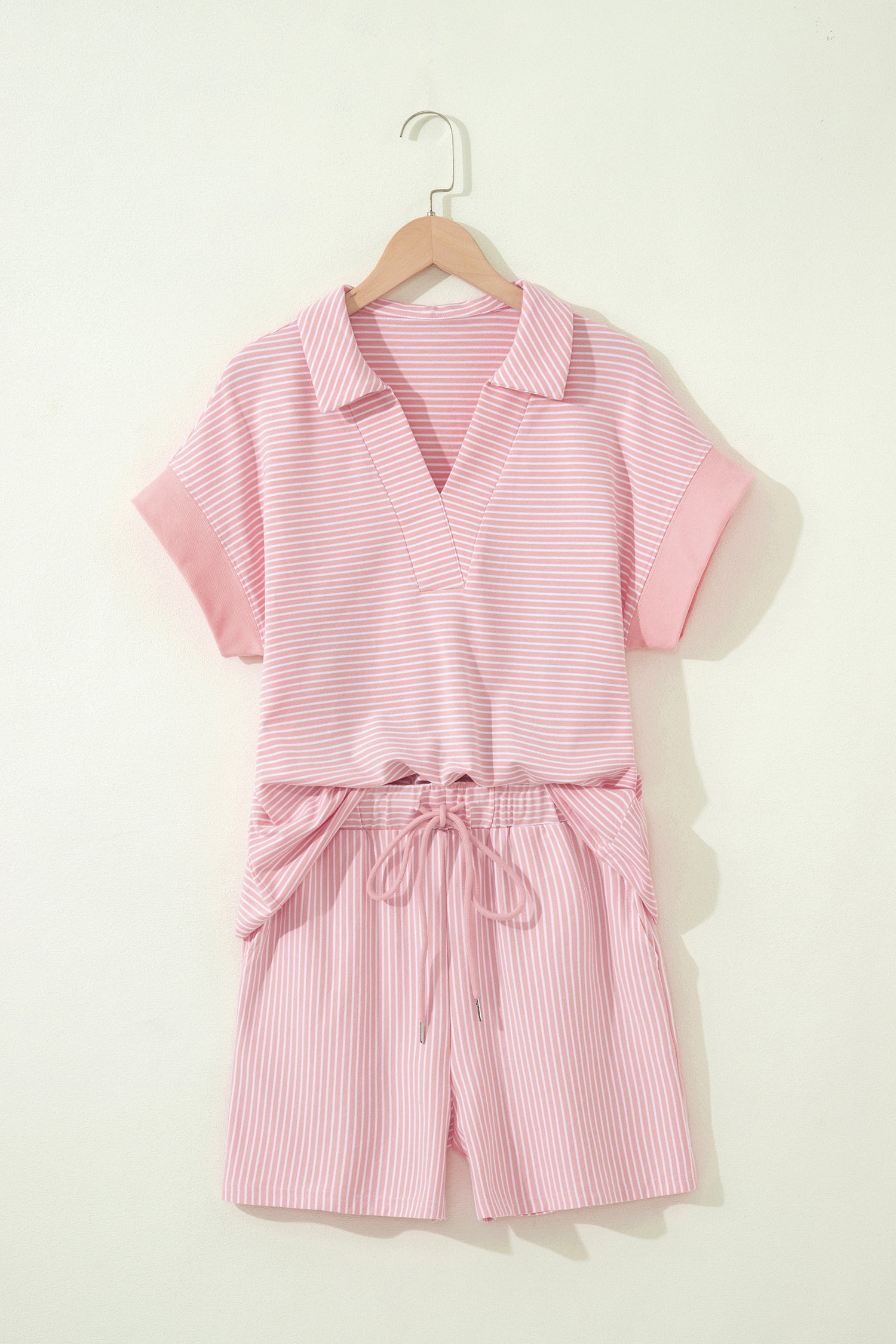 Stripe Dolman Sleeve Polo Shirt and Drawstring Shorts Set Two Piece Co-ord