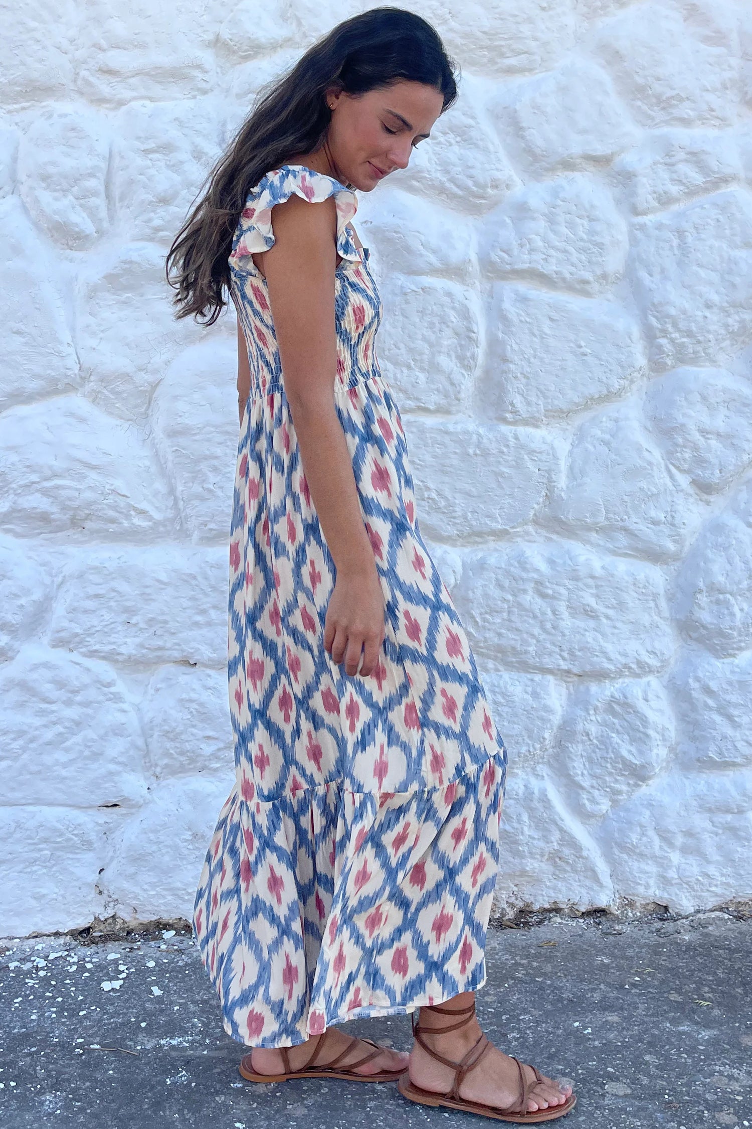 LivelyLooks Blue Ethnic Geometric Maxi Dress | Square Neck Smocked Waist Ruffle Sleeve women's fashion