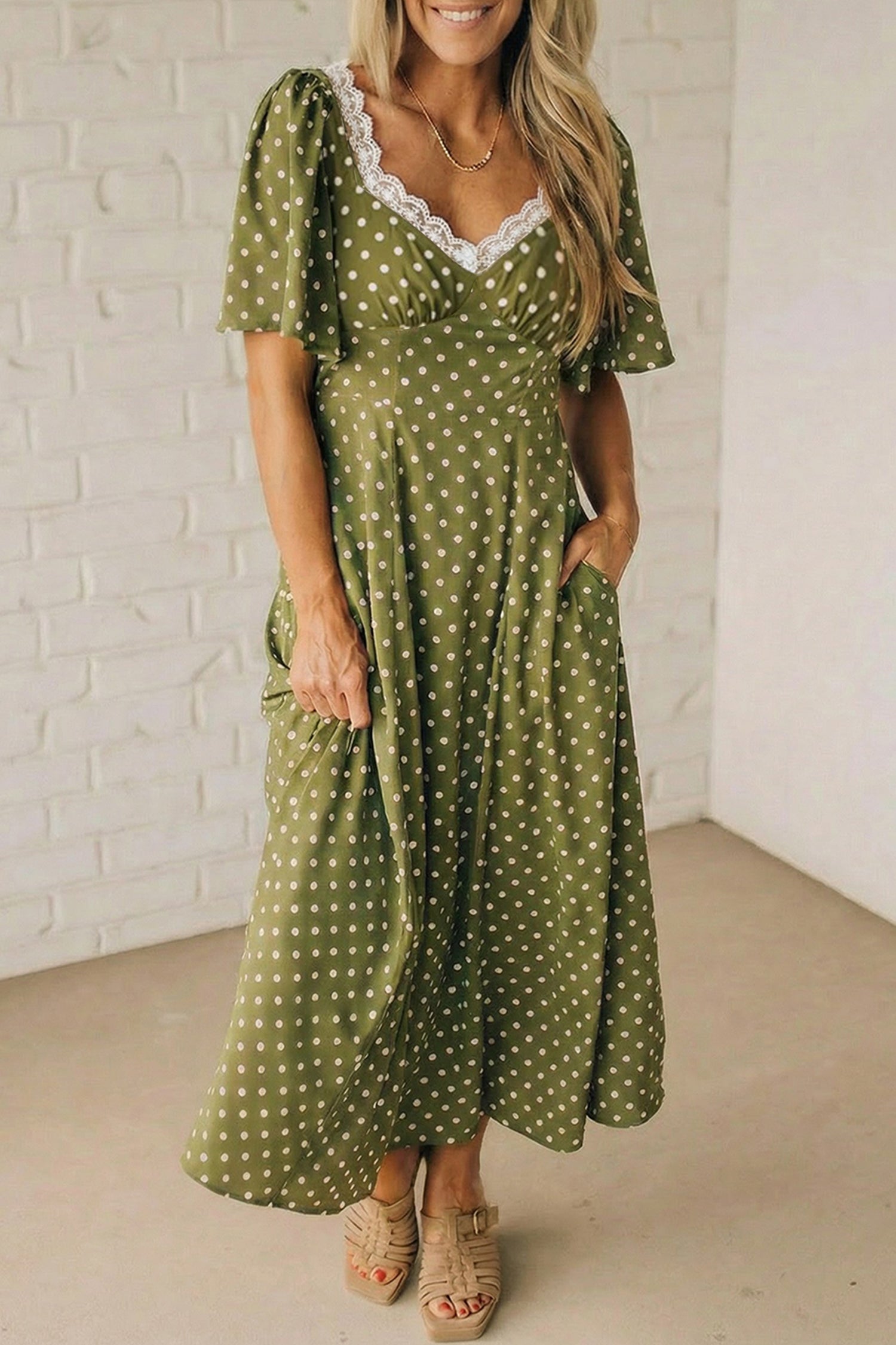 LivelyLooks Green Polka Dot Maxi Dress | Lacy Neckline Smocked Waist women's fashion