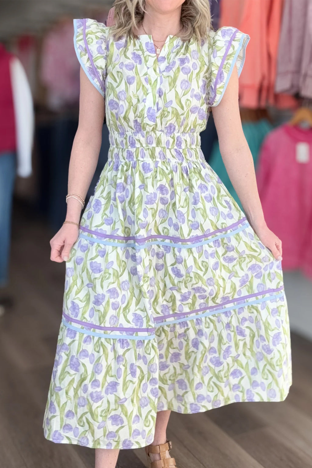 Purple Tulip Floral Print Contrast Trim Flutter Sleeve Midi Dress