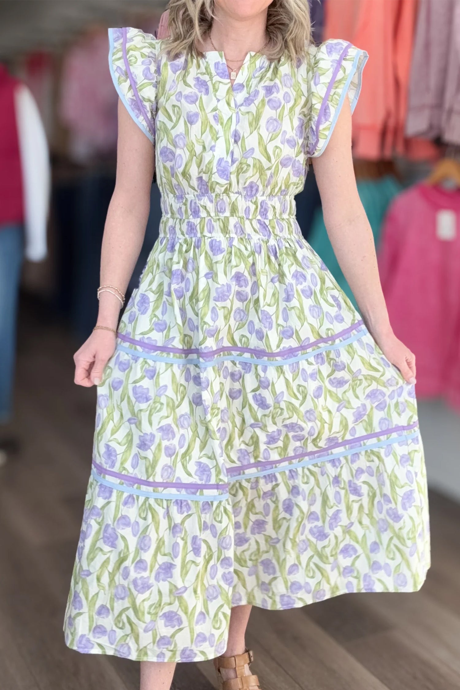 Purple Tulip Floral Print Contrast Trim Flutter Sleeve Midi Dress