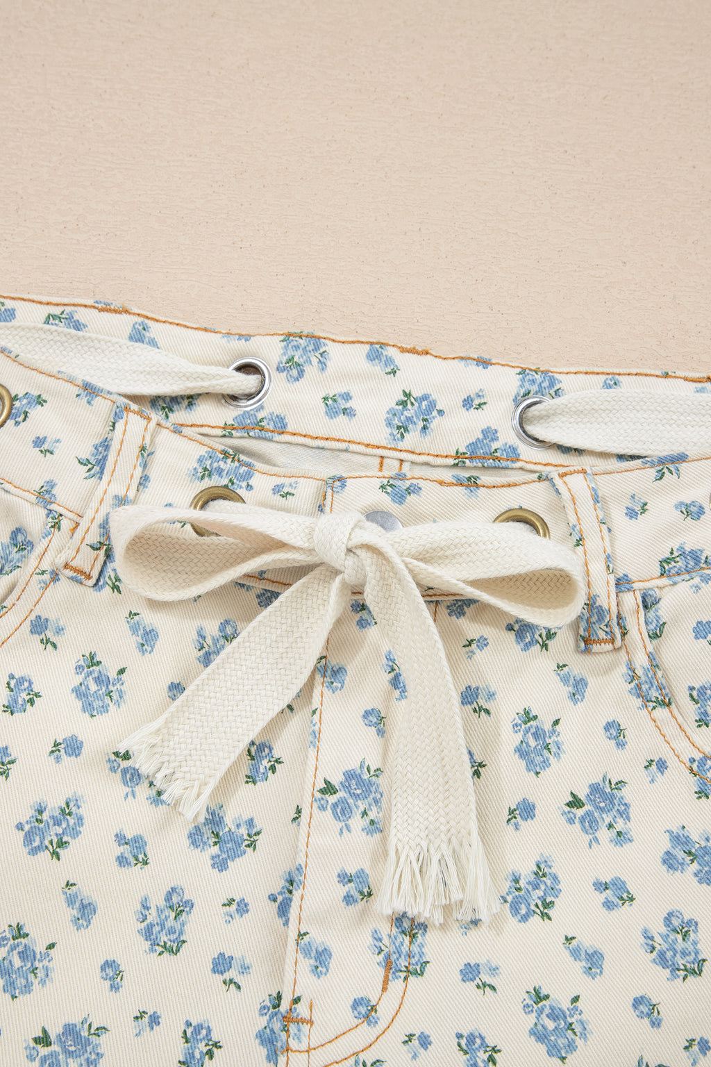 Beige Grommet Knot Waist Floral Barrel Leg Jeans | UK 8–18