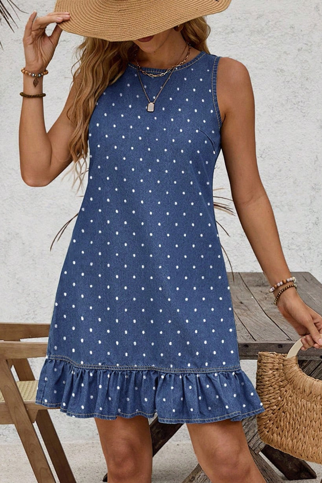 Blue Polka Dot Ruffle Hem Sleeveless Denim Mini Dress S-XL