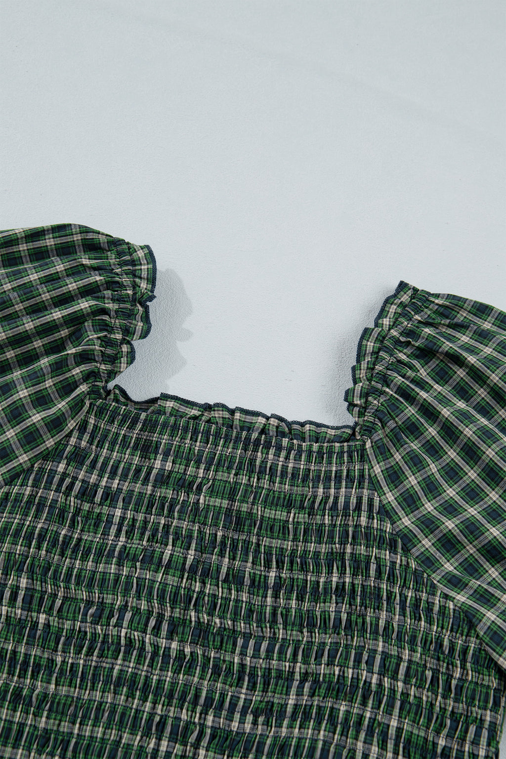 Green Plaid Square Neck Shirred Ruffle Hem Mini Dress S-XL