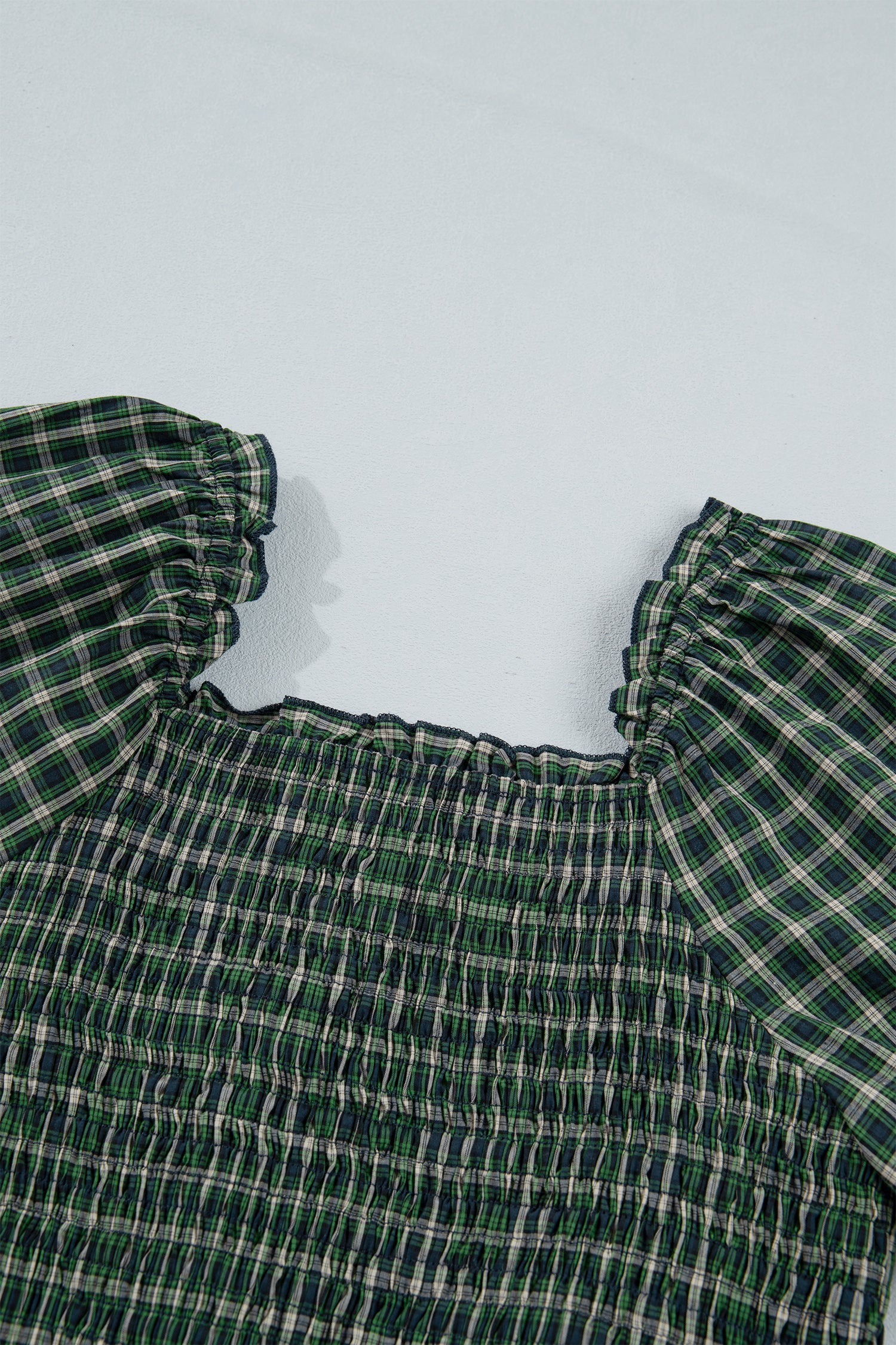 Green Plaid Square Neck Shirred Ruffle Hem Mini Dress S-XL
