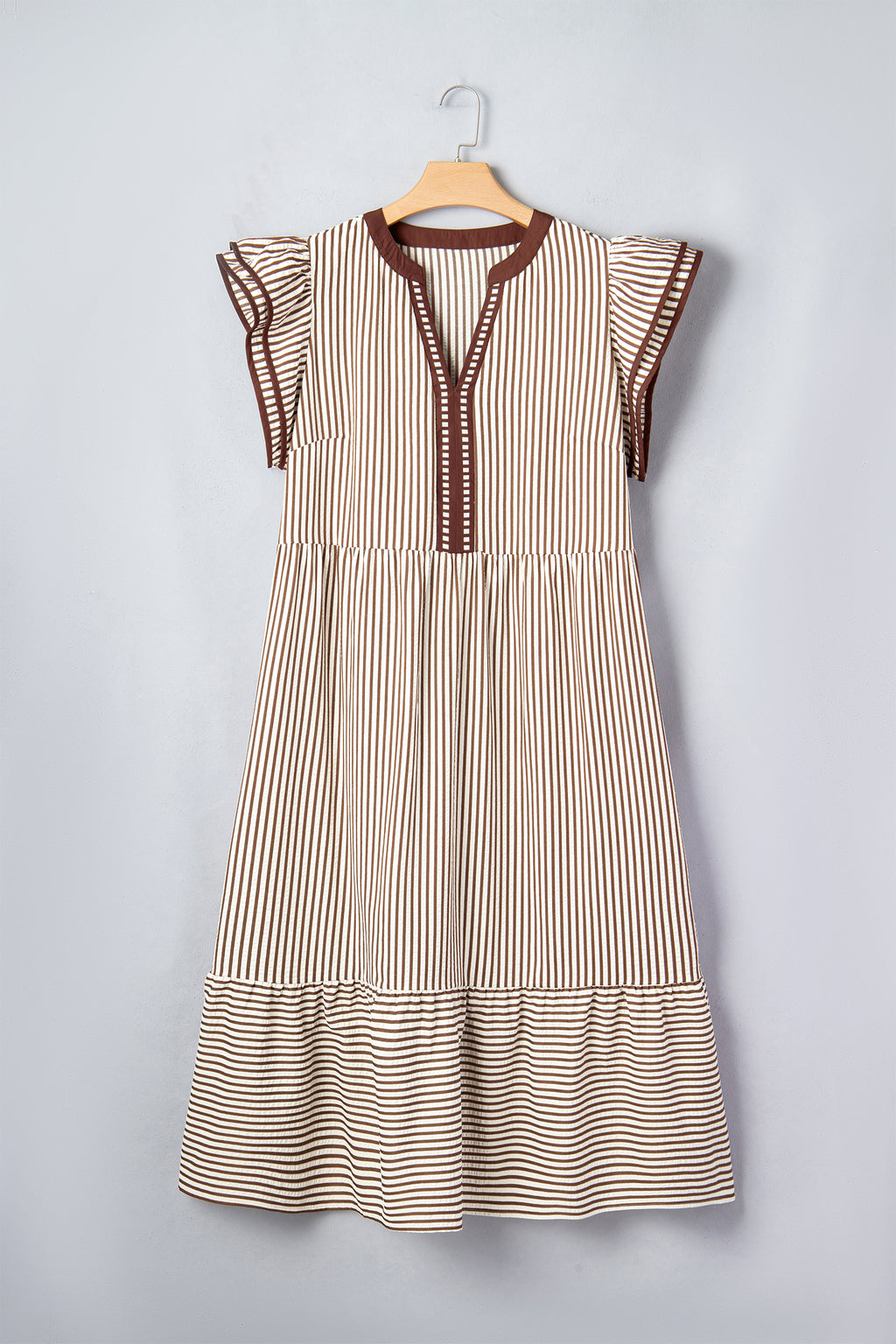 Black & Brown Stripe Plus Size Tiered Flutter Sleeve Maxi Dress
