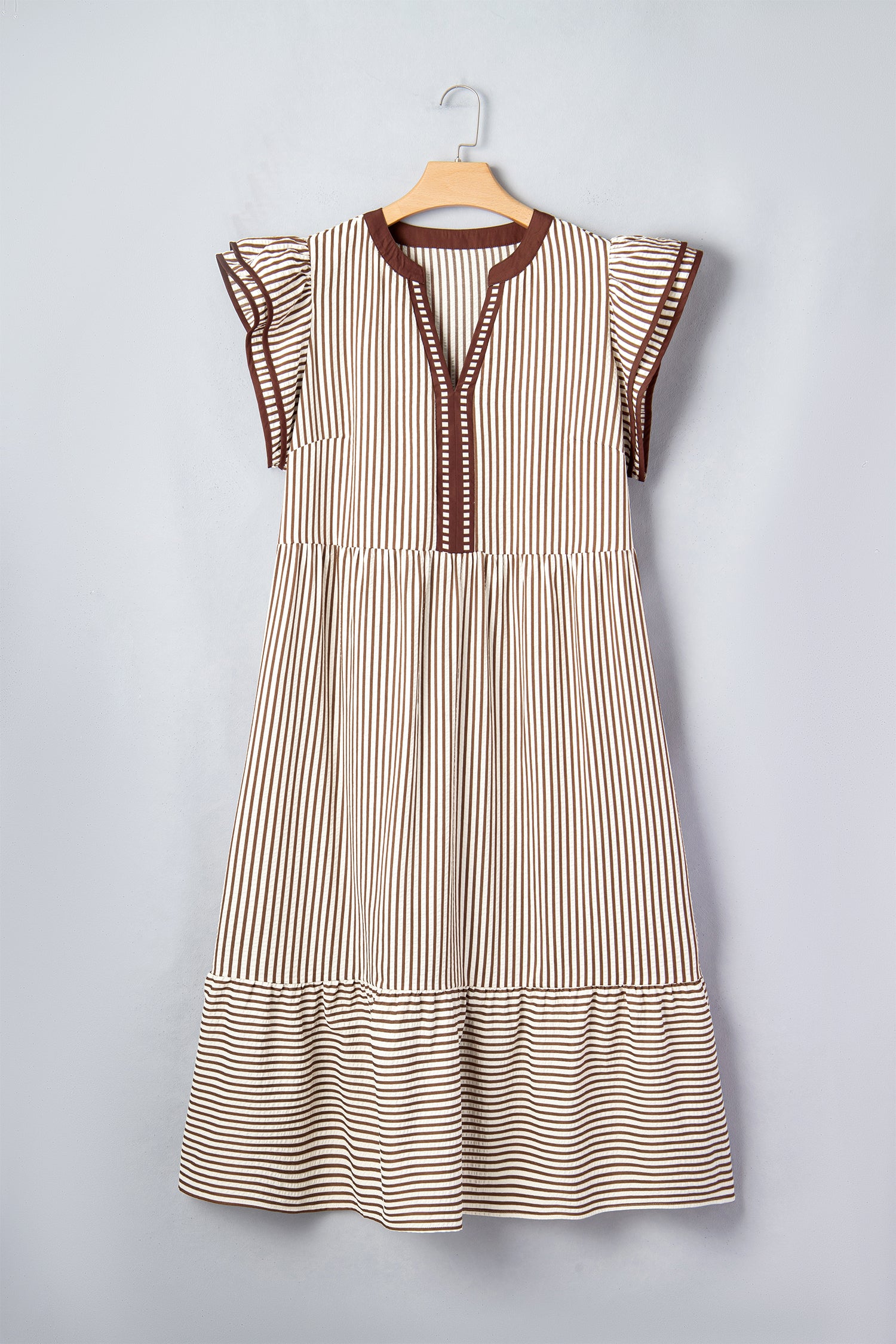 Black & Brown Stripe Plus Size Tiered Flutter Sleeve Maxi Dress