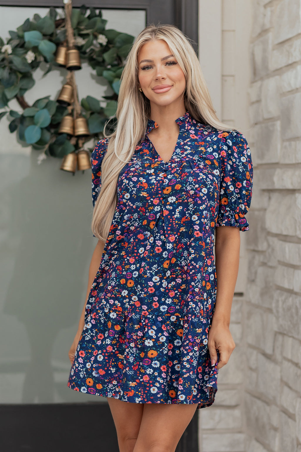 Blue Wild Daisy Floral Split Neck Puff Sleeve Mini Dress S-XL