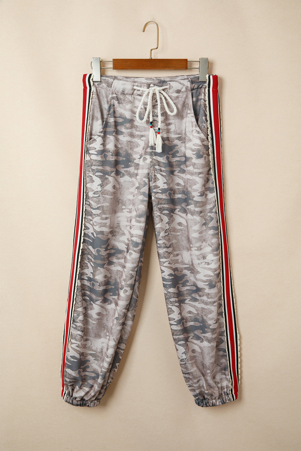 Camouflage Print Drawstring Pants Striped Side Panel Green Khaki Women S-XL