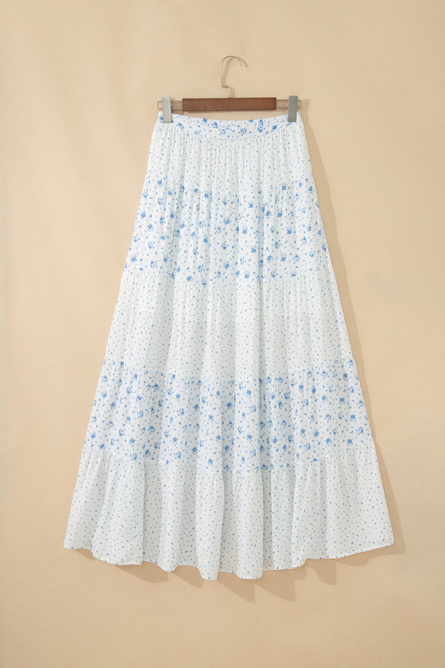 Women's Women's Boho Floral Tiered Maxi Skirt Patchwork Ruffled Elastic Waist White S-XL at LivelyLooks