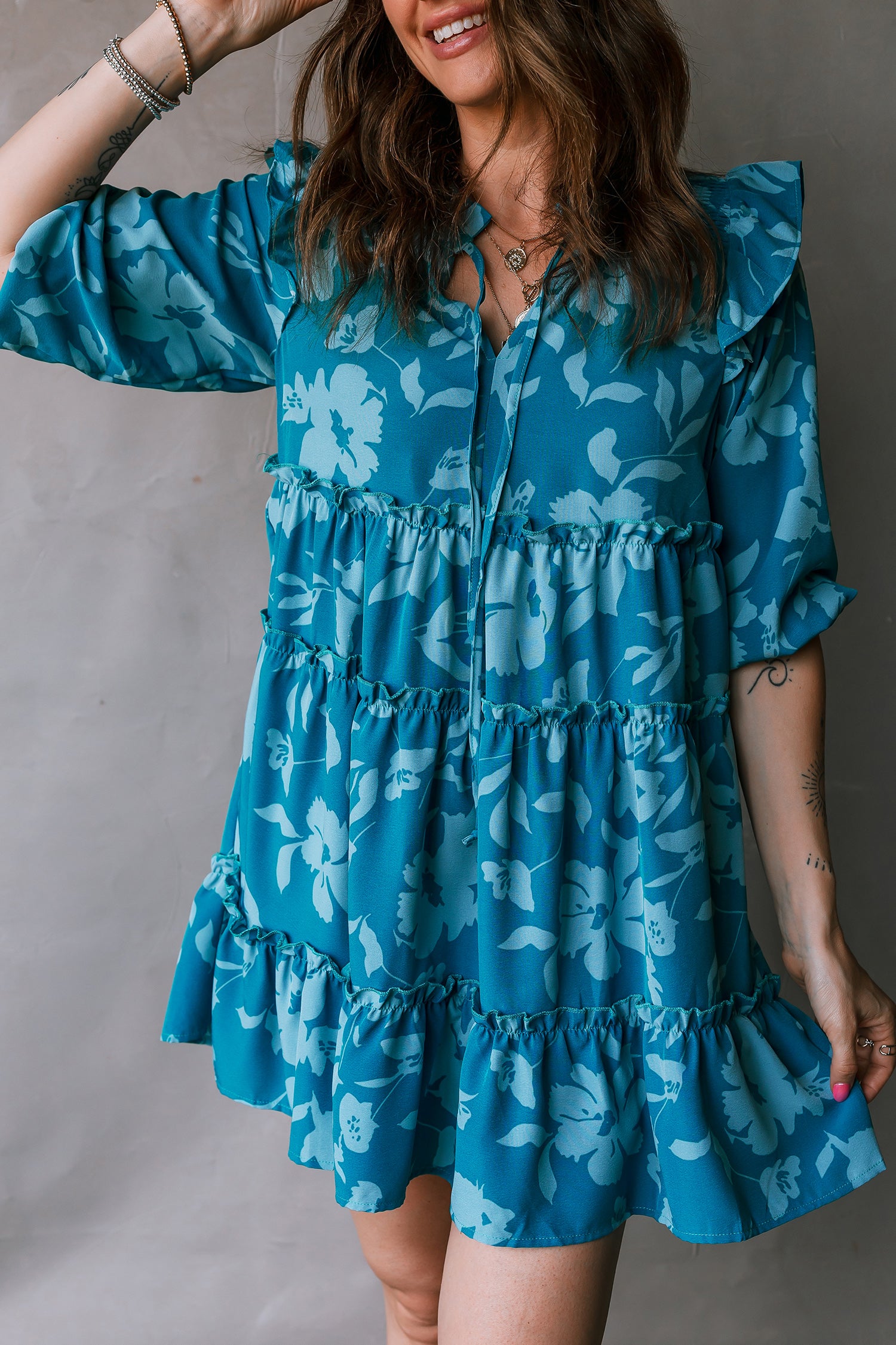 Blue Floral Half Sleeve Tiered Ruffle Mini Dress | A-Line Summer