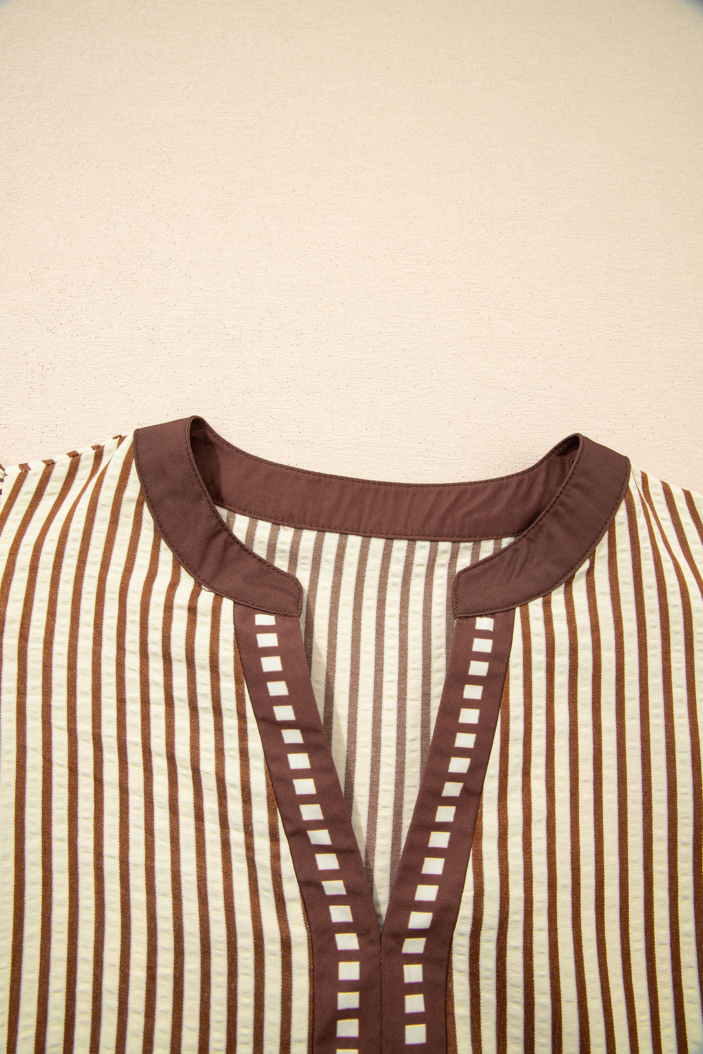 Stripe Double Ruffle Sleeve V-Neck Midi Dress | Green, Brown & Black