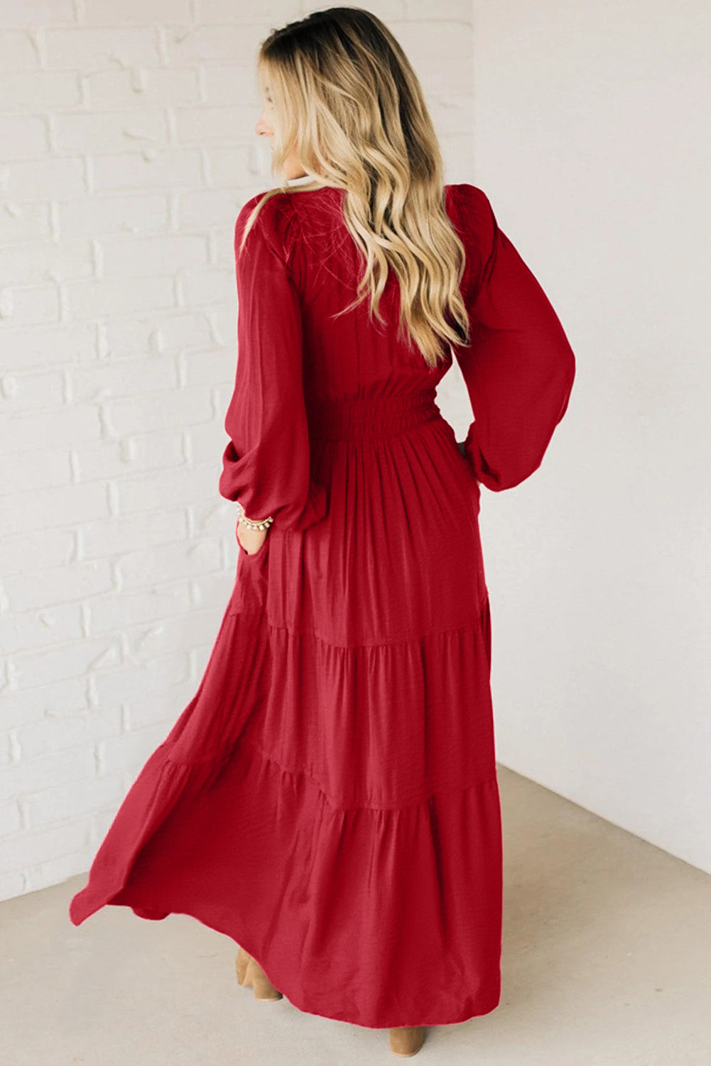 Racing Red Embroidered Cinched Waist Tiered Long Sleeve Maxi Dress S-XL
