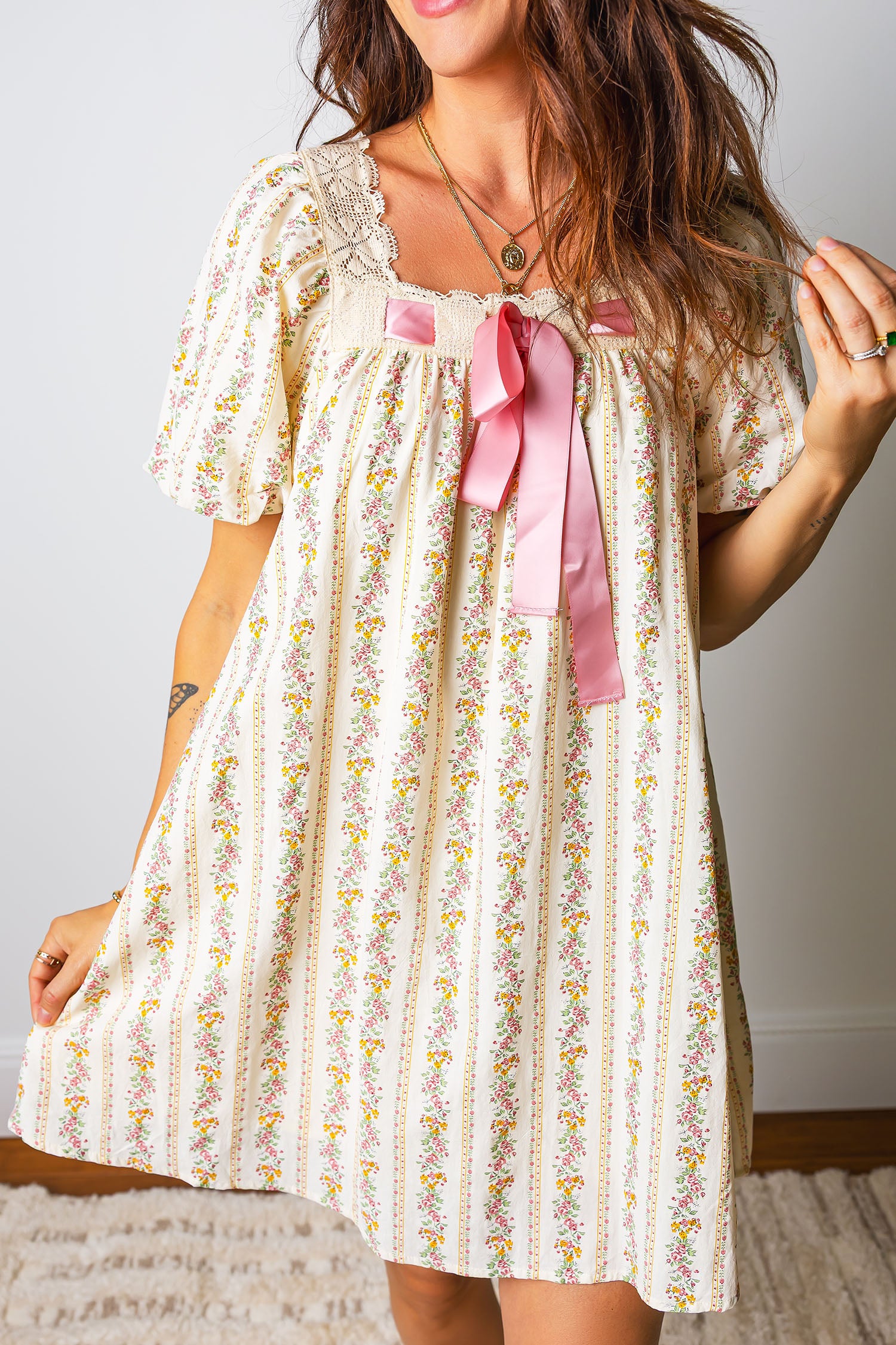 Multicolour Floral Ribbon Bow Lace Trim Square Neck Babydoll Mini Dress