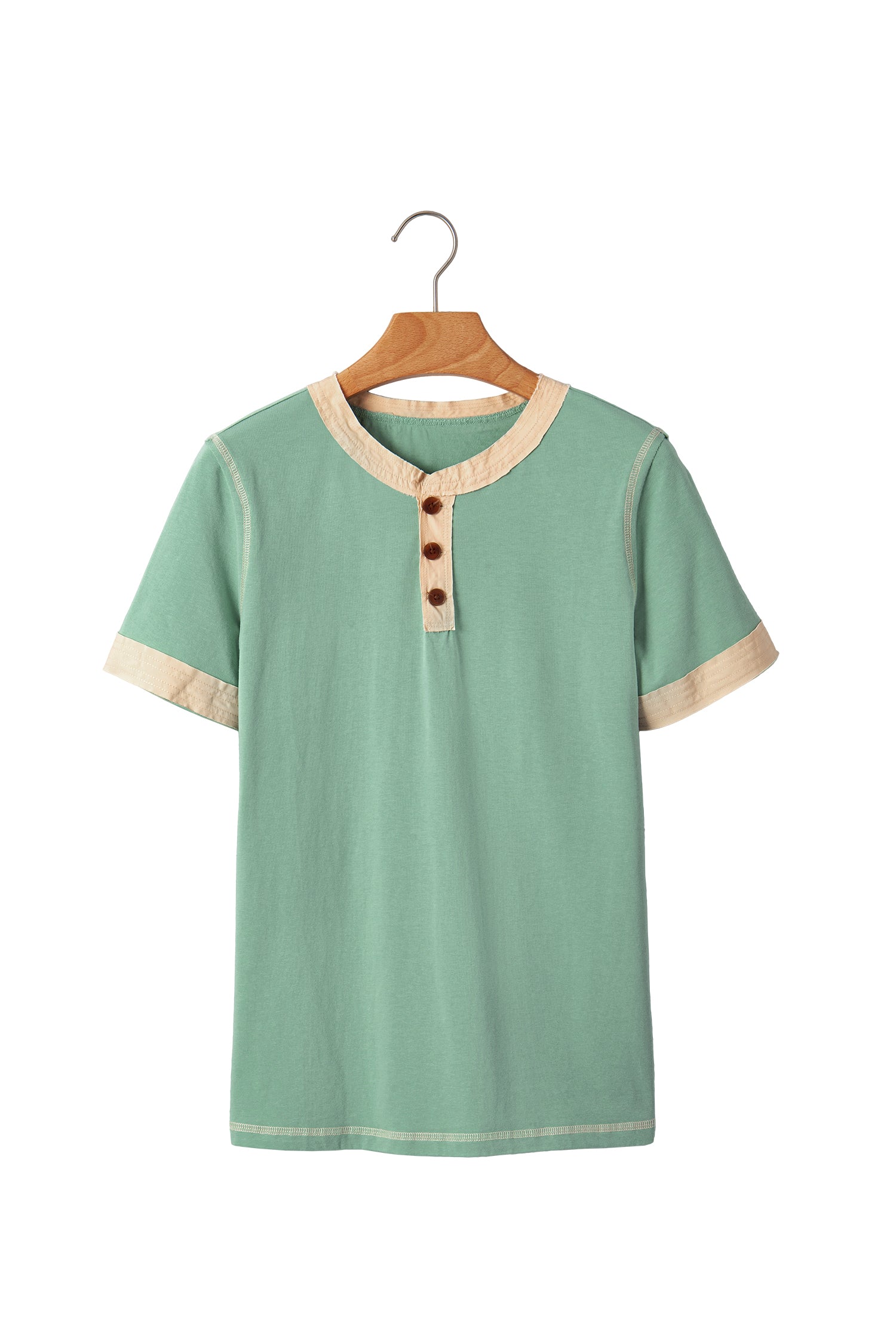 Colour Block Henley Tee Raw Seam Detail Buttoned Mint Green Light Grey Women S-XL