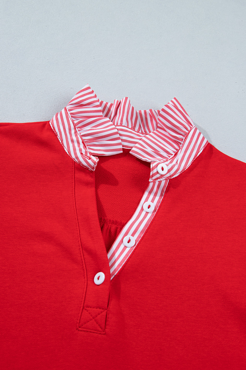 Women's Fiery Red Striped Frilled Collar Puff Sleeve Blouse at LivelyLooks