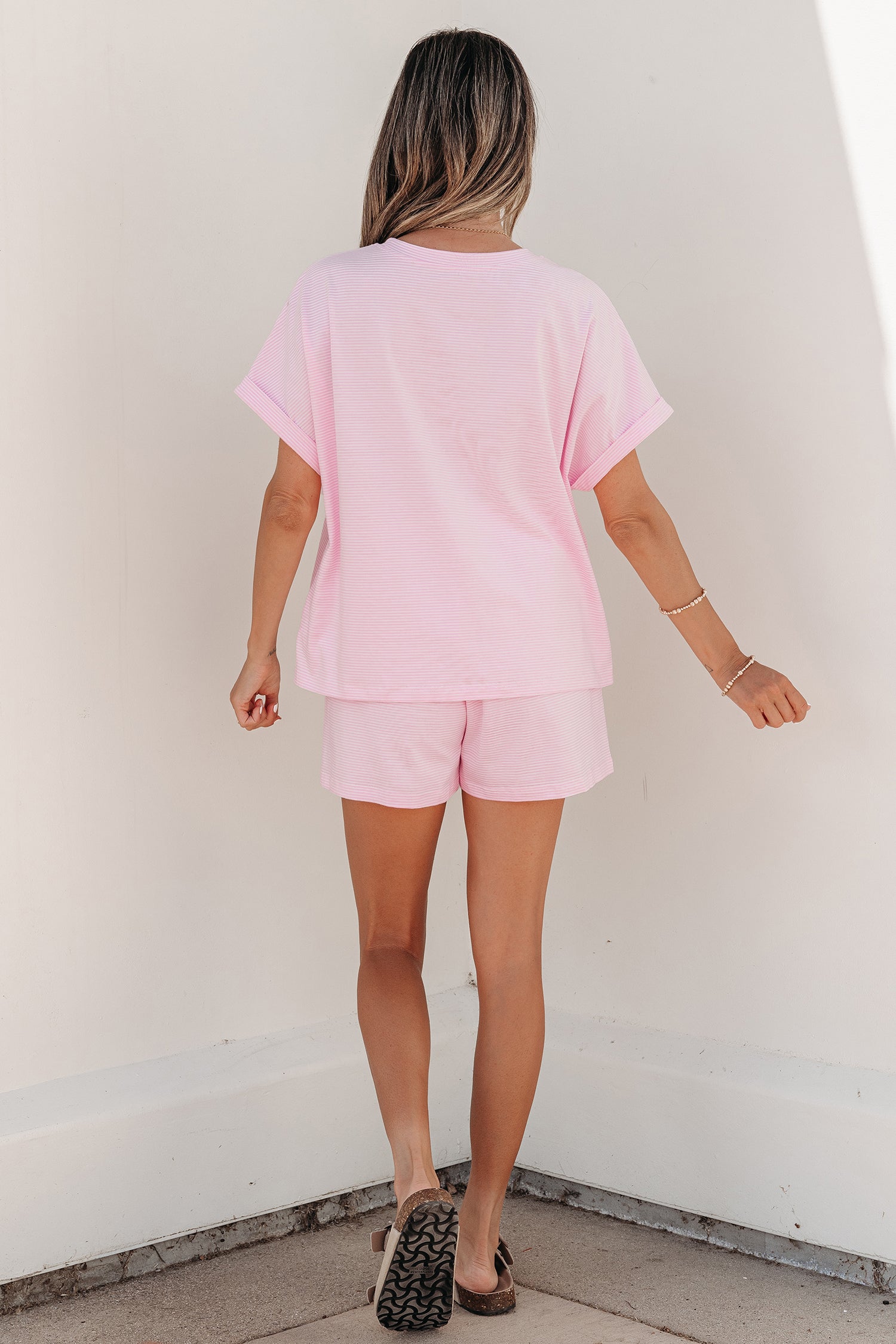 Pink Stripe Matching Oversized Tee & Drawstring Shorts Co-ord Set
