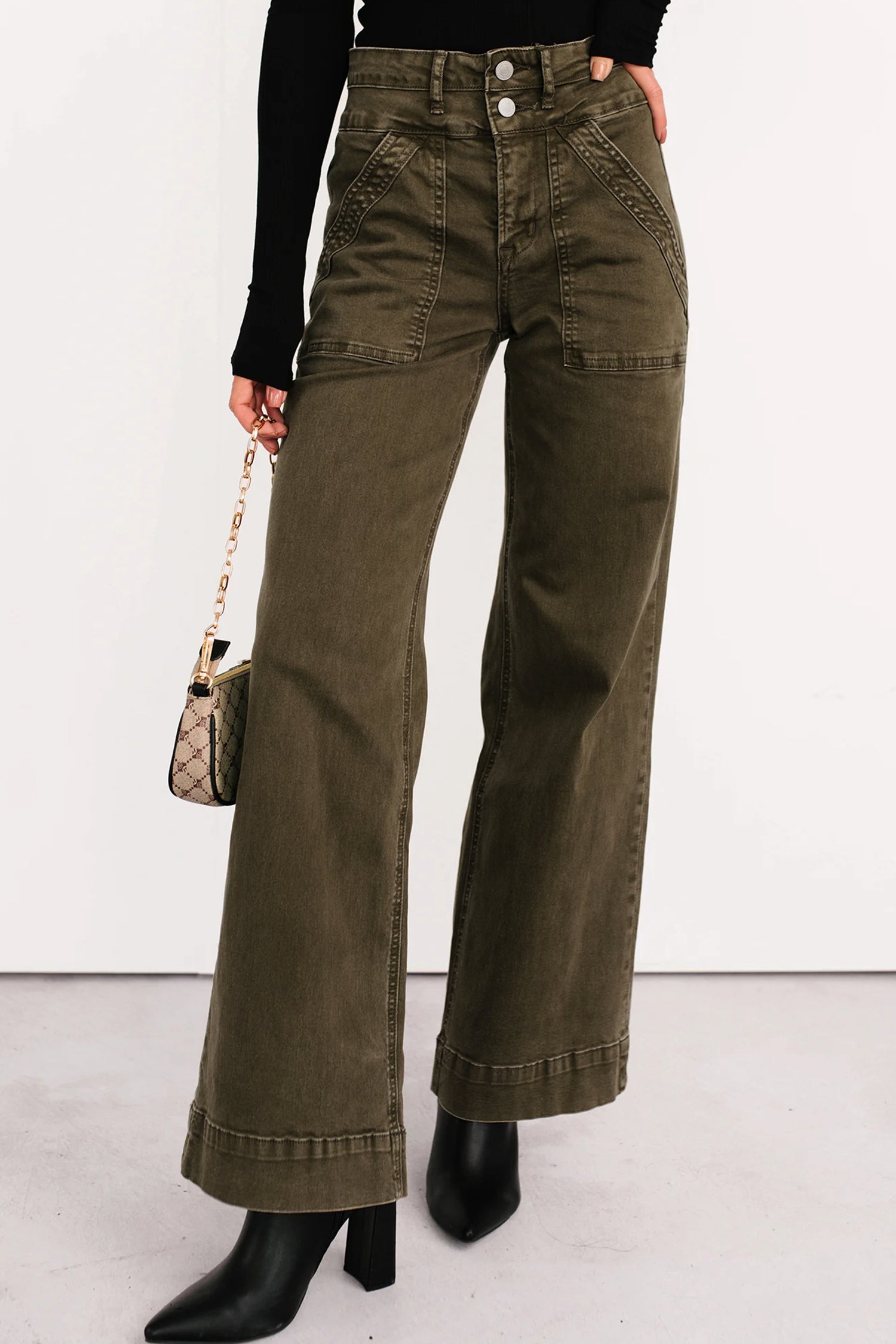Women's Women's Loose Straight Jeans Double Waistband Jungle Green Sizes 4-16 at LivelyLooks