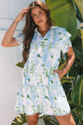 Floral Contrast Edge Layered Sleeve Mini Dress | Sky Blue & Pink