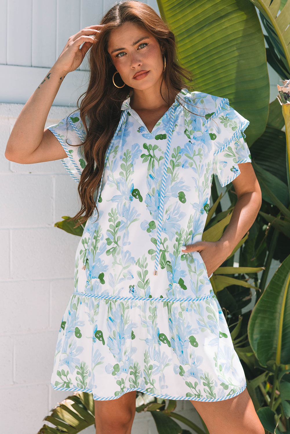 Floral Contrast Edge Layered Sleeve Mini Dress | Sky Blue & Pink