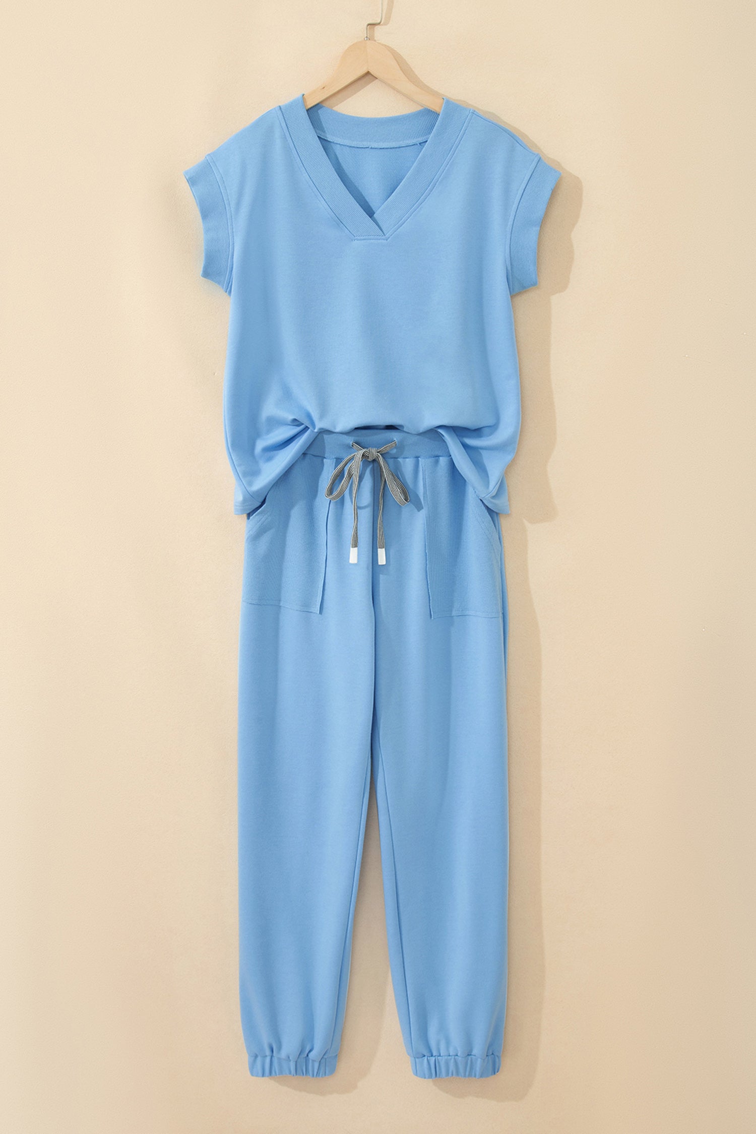 V-Neck Tee & Drawstring Pant Set | Apricot Pink, Mint Green, Bonbon & Beau Blue