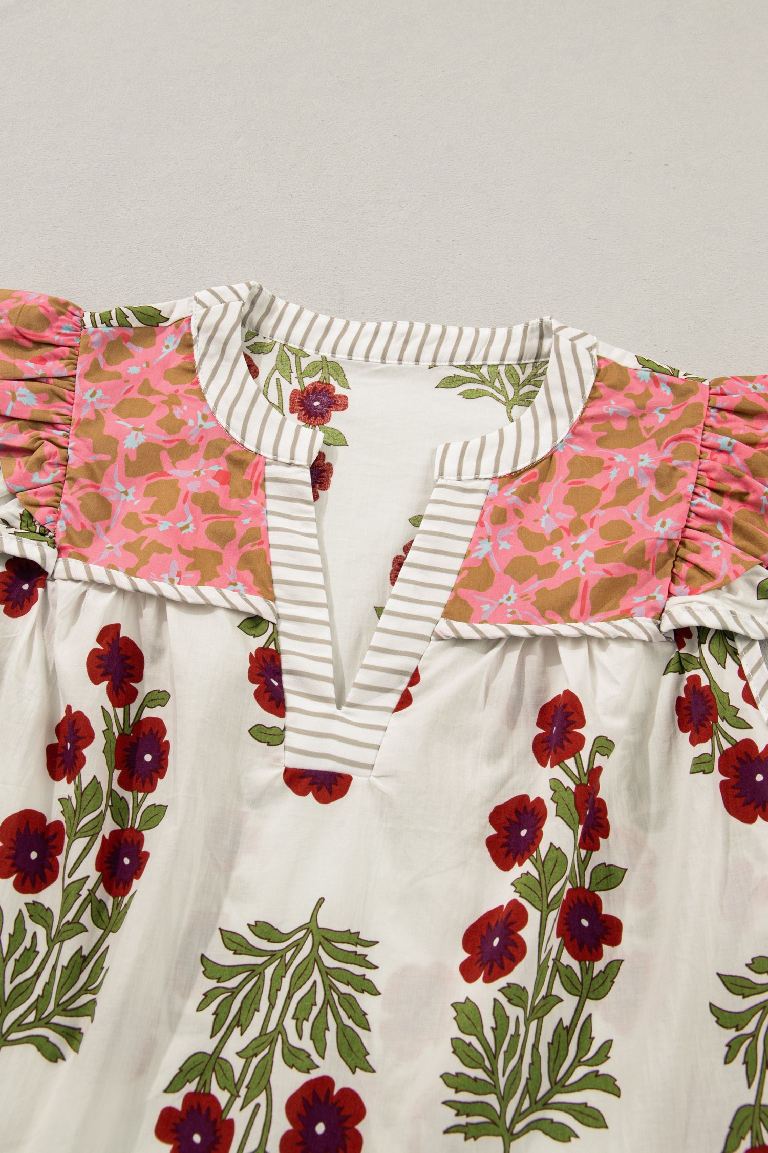 White Floral Print Flutter Blouse Contrast Striped Trim Cotton Women S-XL