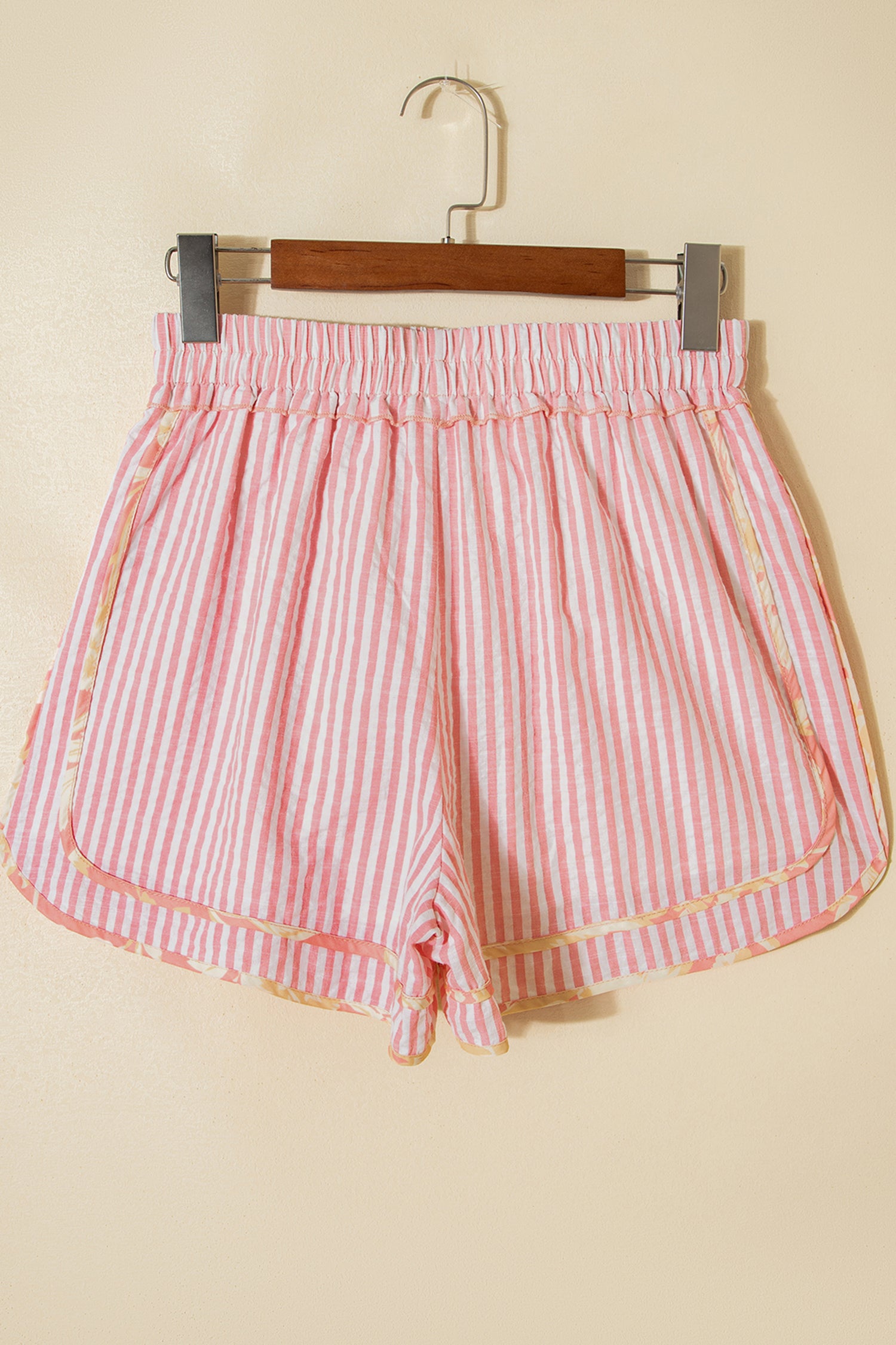 Women's Light Pink Striped Floral Trim Ribbon Knot Casual Shorts at LivelyLooks